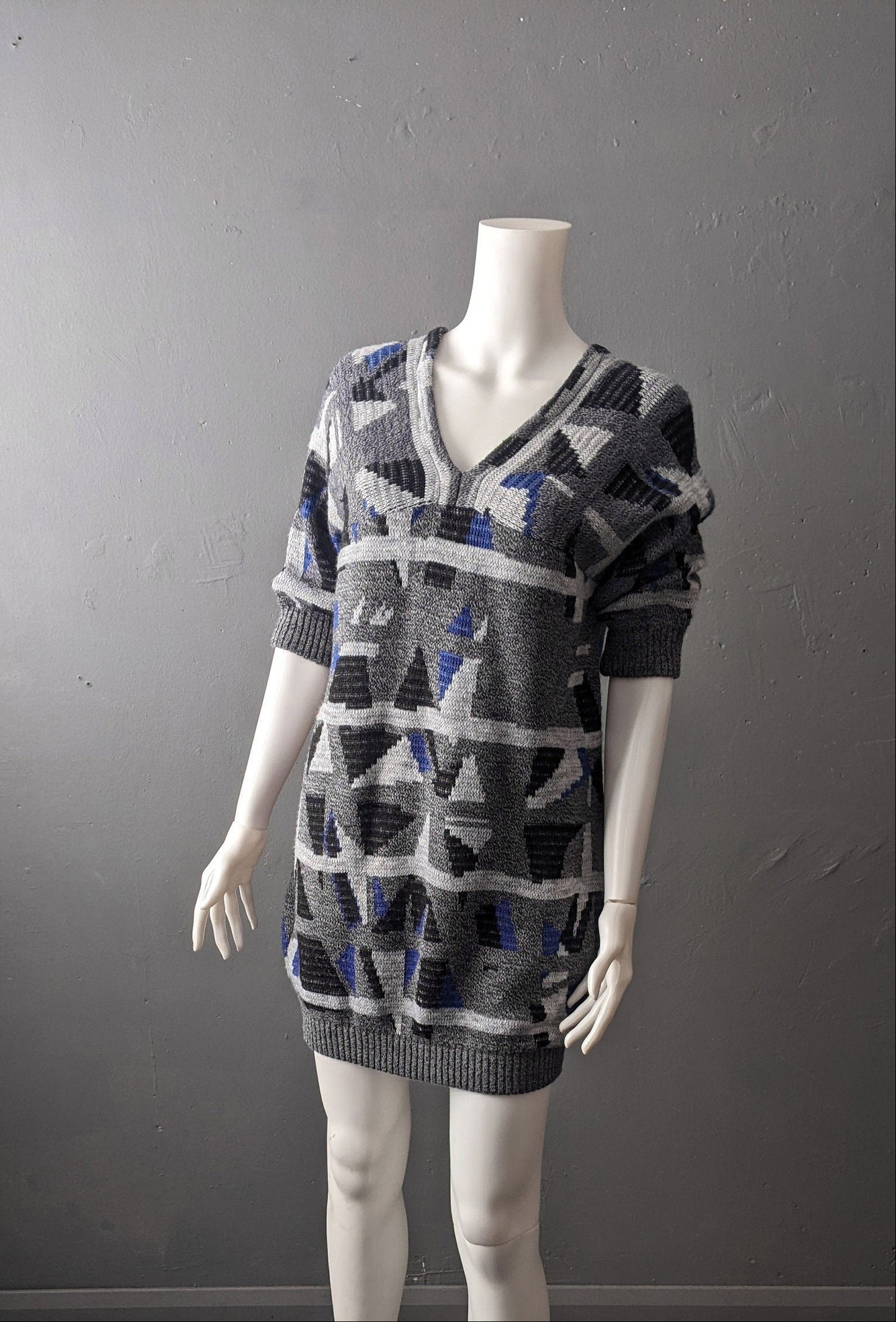 Retro Geometric Sweater Dress, Abstract Triangles Wool Jumper, Small to Medium