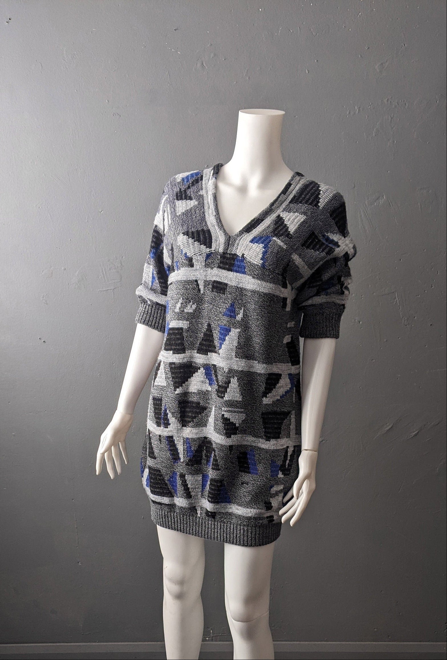 Retro Geometric Sweater Dress, Abstract Triangles Wool Jumper, Small to Medium
