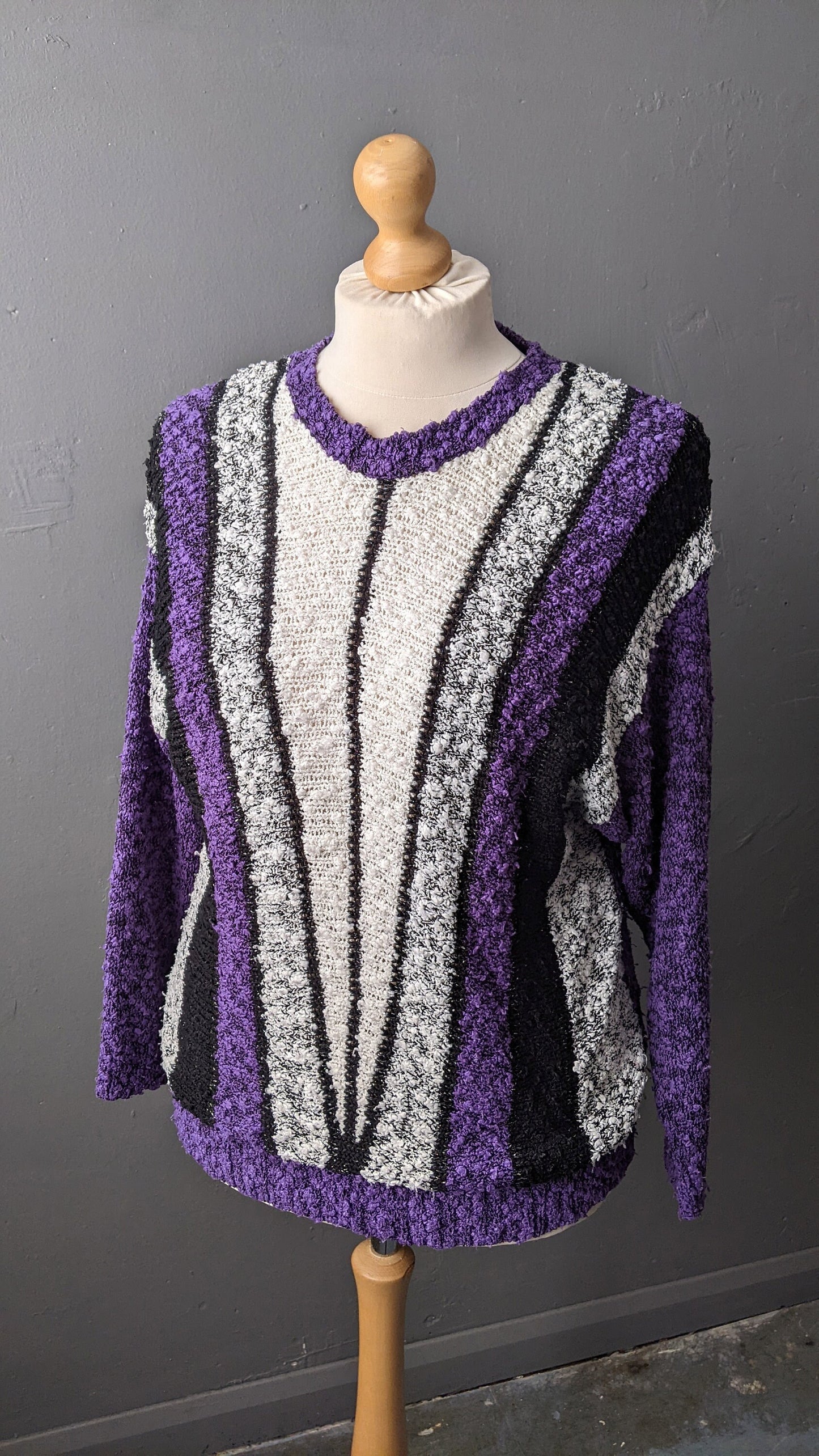 80s Bold Deco Knit Sweater, Geometric Boucle Jumper, Size Large