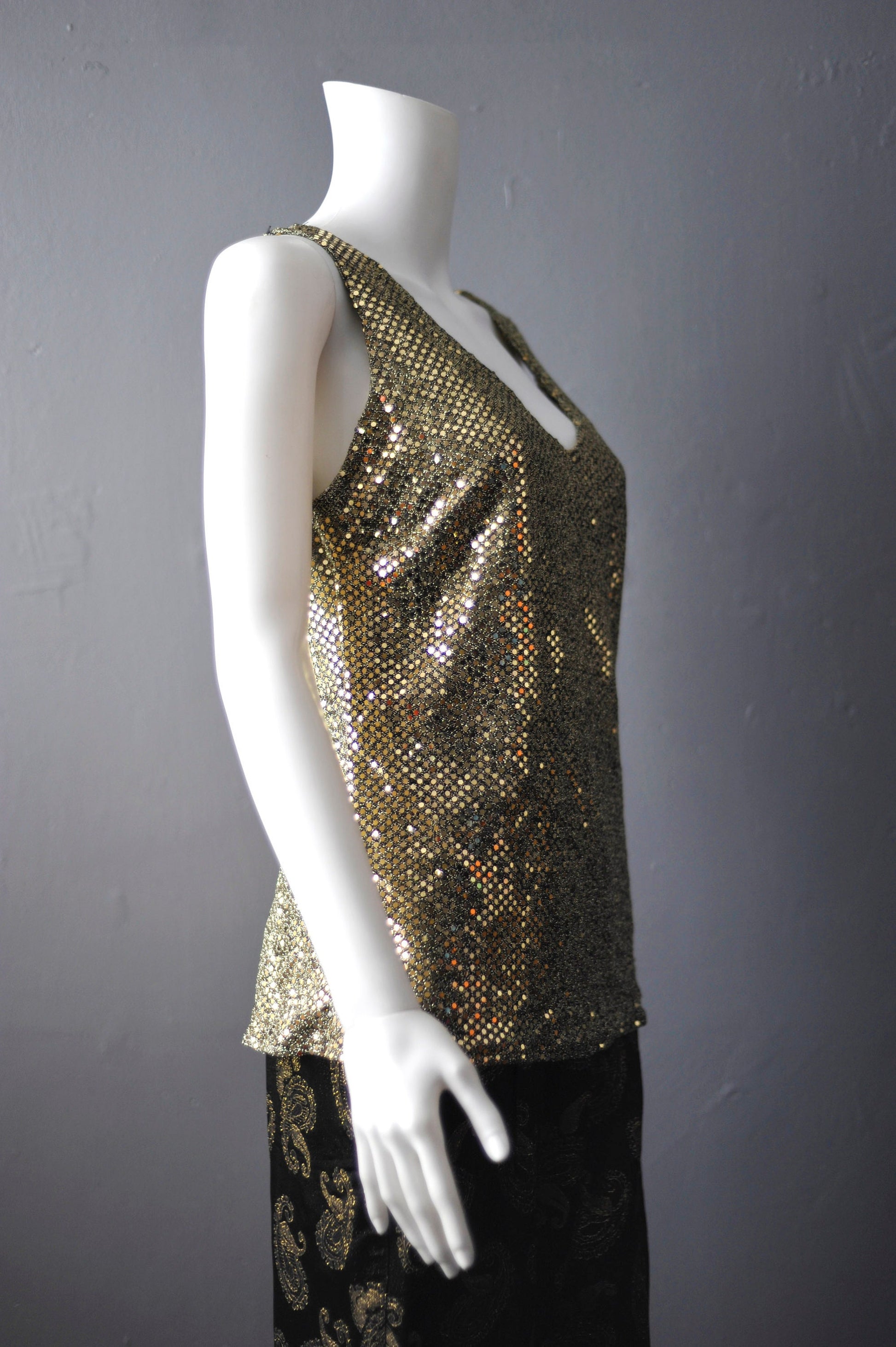 Gold Sequin Tank Vest, Sparkly Sleeveless Party Top, Size Small