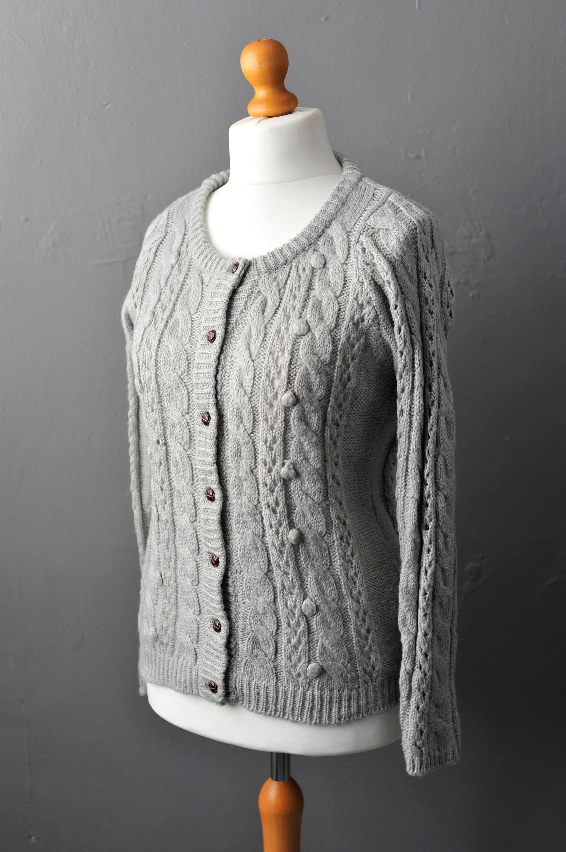 90s Soft Grey Cable Knit Cardigan, Size Small