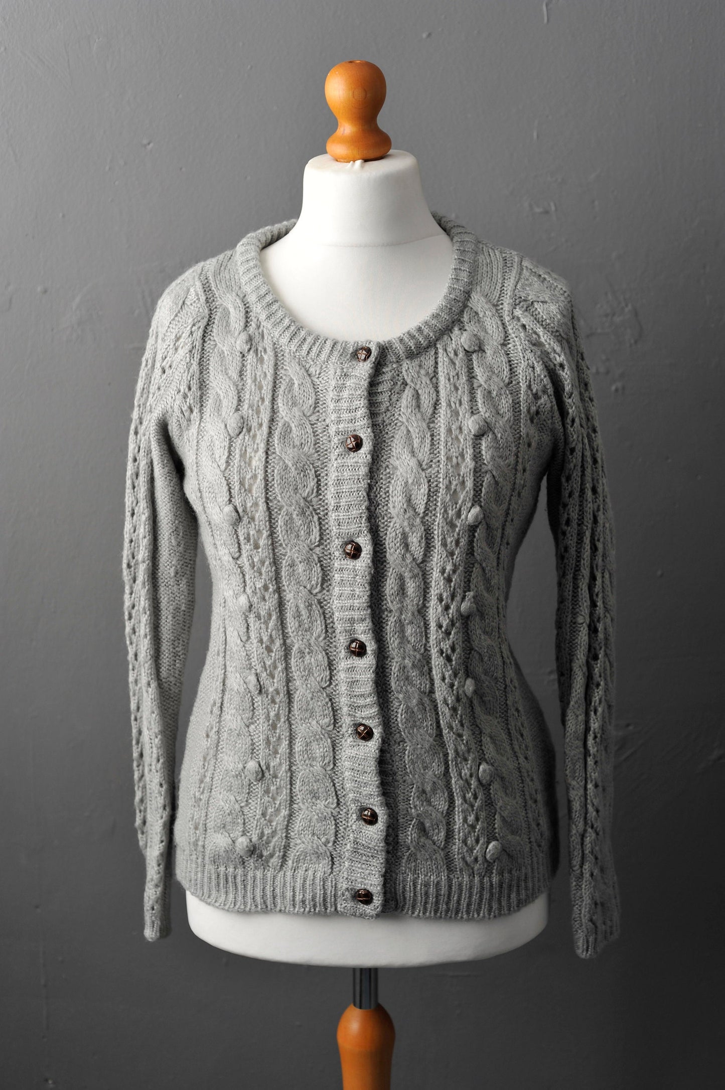 90s Soft Grey Cable Knit Cardigan, Size Small