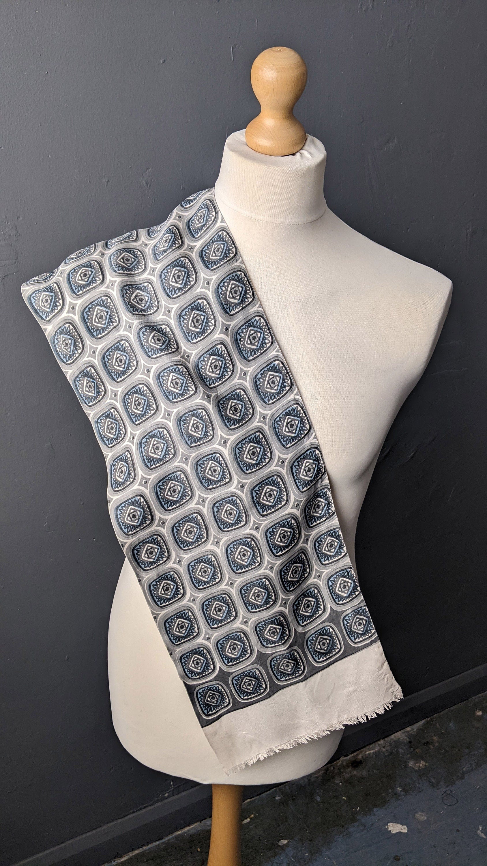60s Modernist Squares Scarf, Mens Mid Century Ascot, Geometric Mod Cravat
