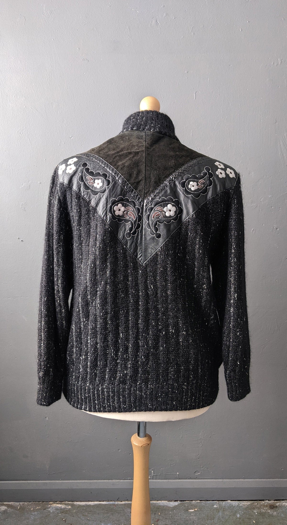 80s Embroidered Mohair Cardigan with Leather, Suede and Snakeskin, Plus Size XL