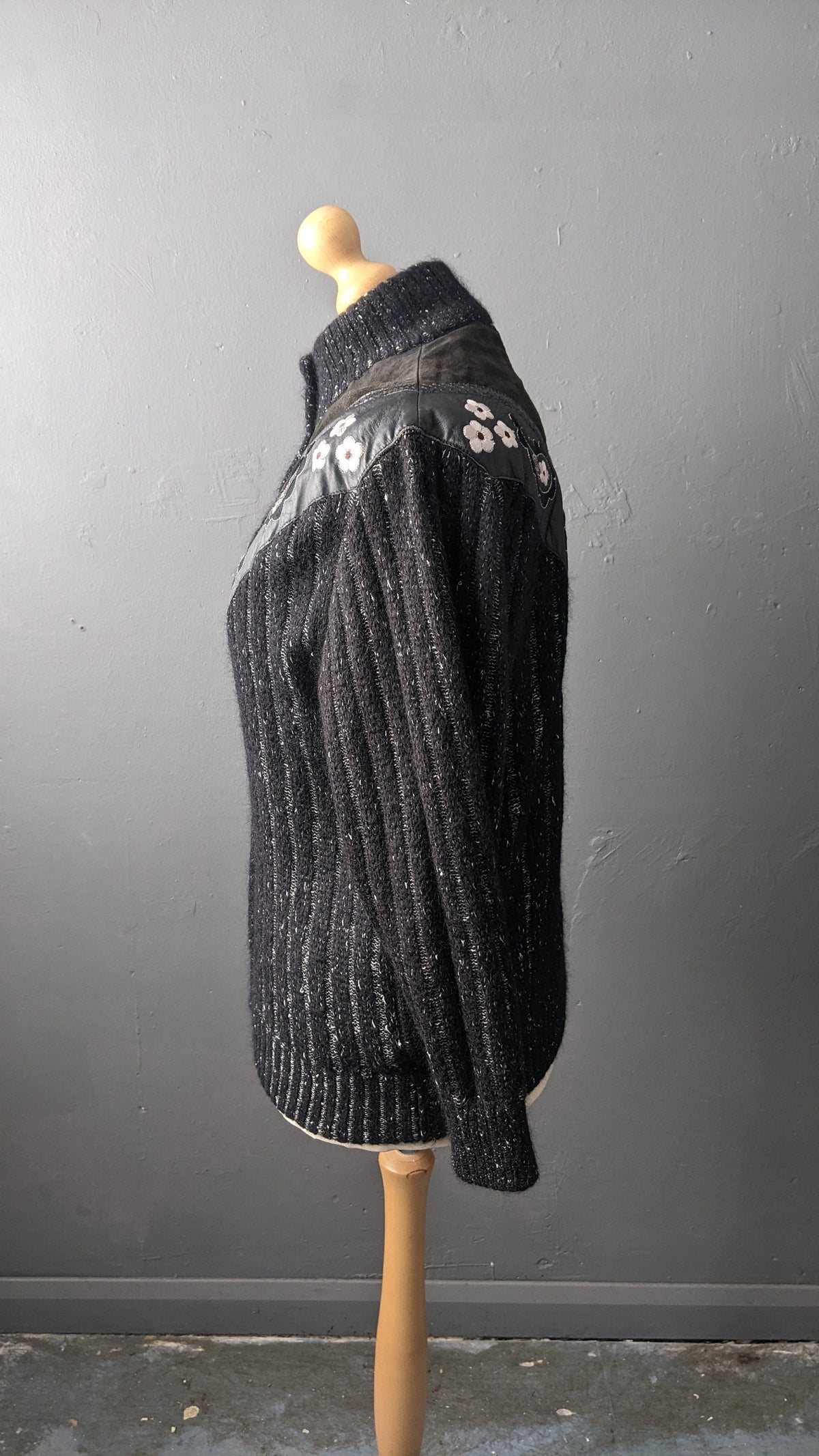 80s Embroidered Mohair Cardigan with Leather, Suede and Snakeskin, Plus Size XL