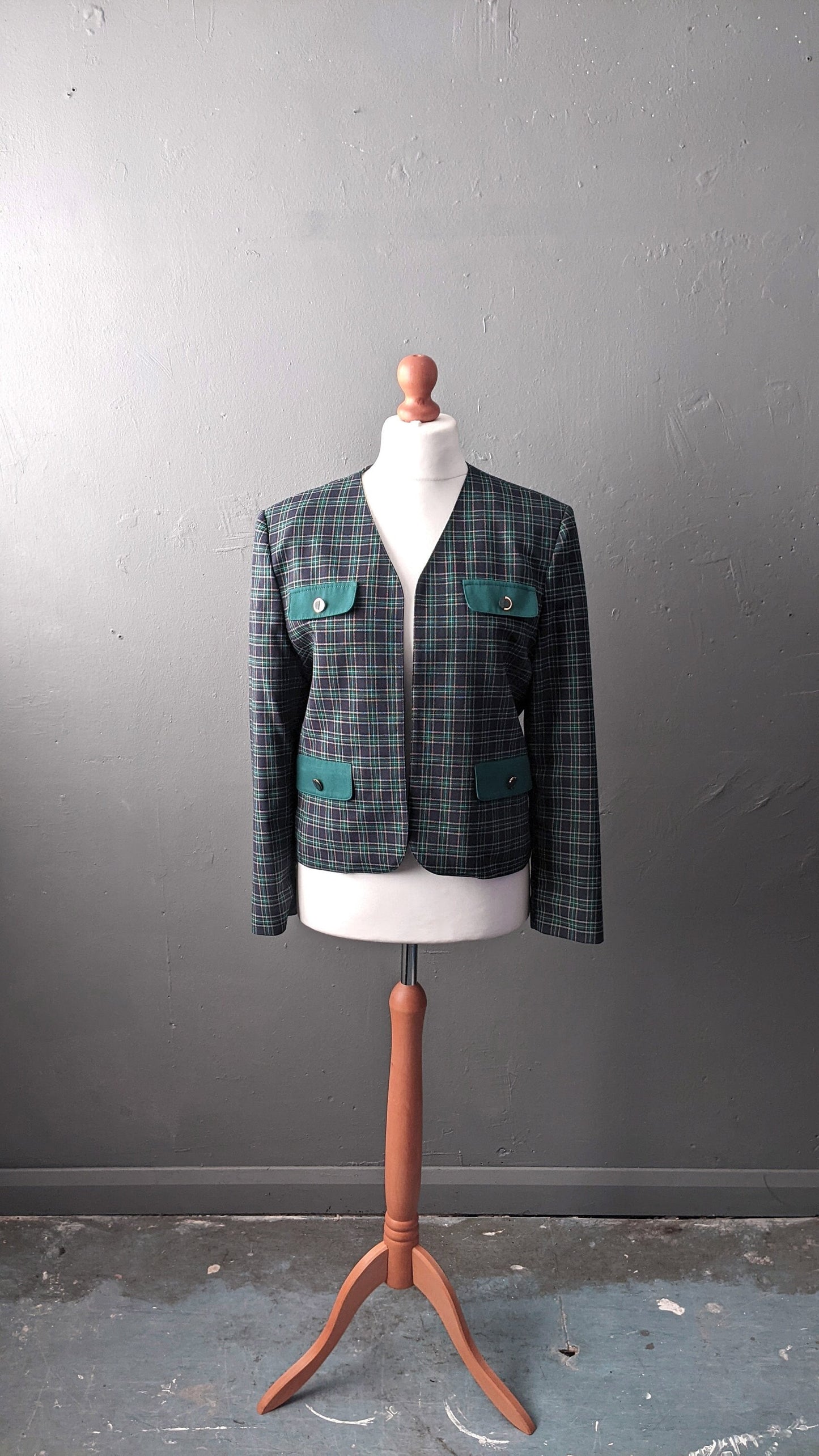 80s Blue Green Check Jacket, Collarless Dress Blazer, Size Medium