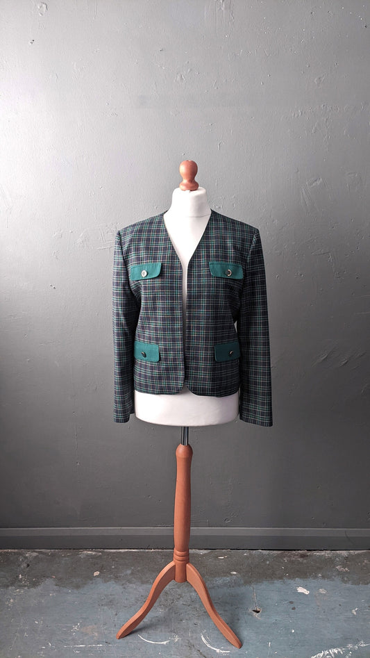 80s Blue Green Check Jacket, Collarless Dress Blazer, Size Medium