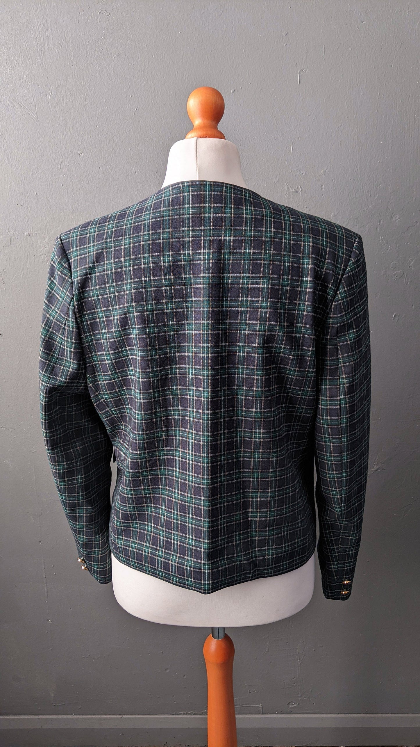80s Blue Green Check Jacket, Collarless Dress Blazer, Size Medium