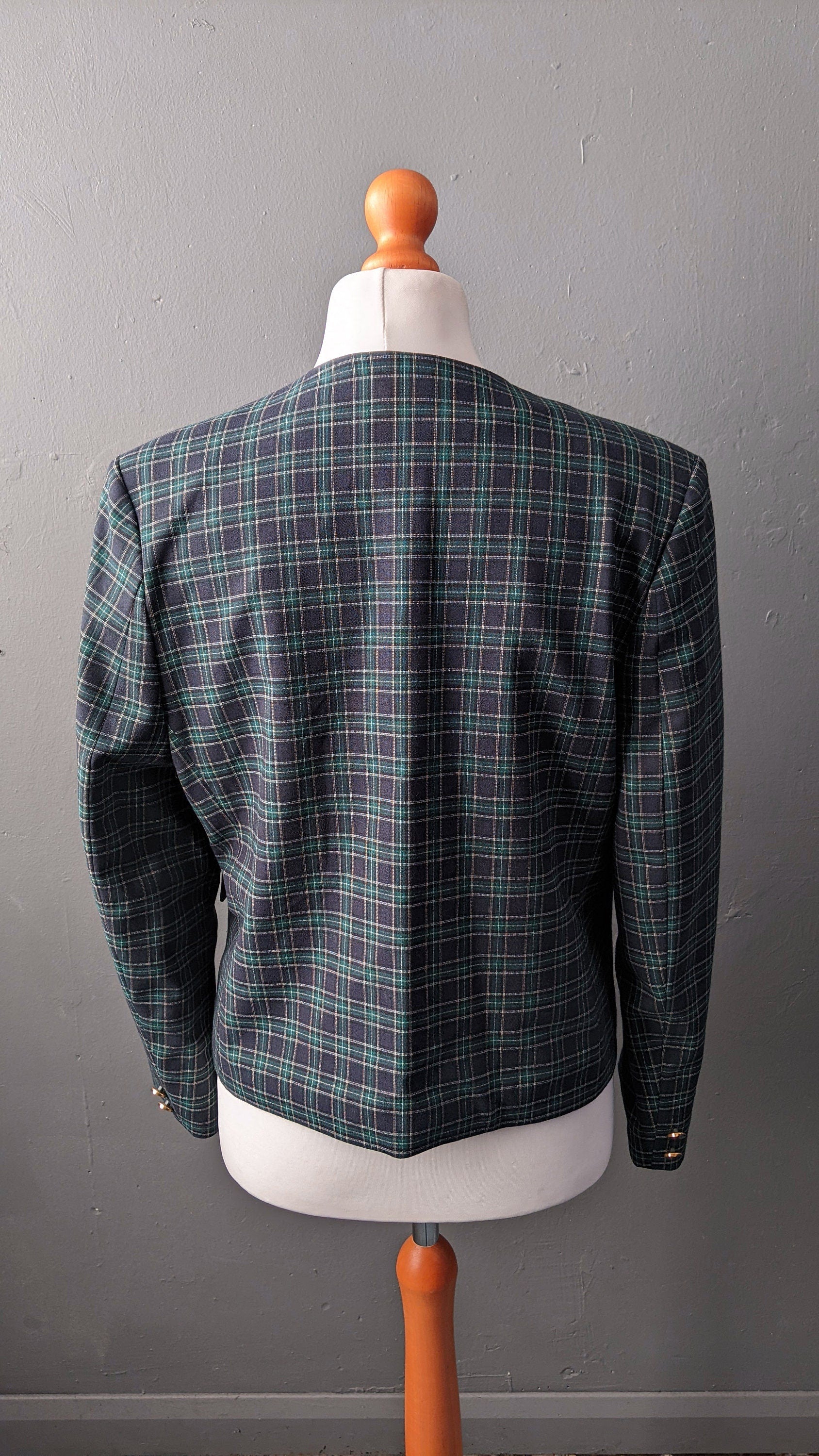 80s Blue Green Check Jacket, Collarless Dress Blazer, Size Medium