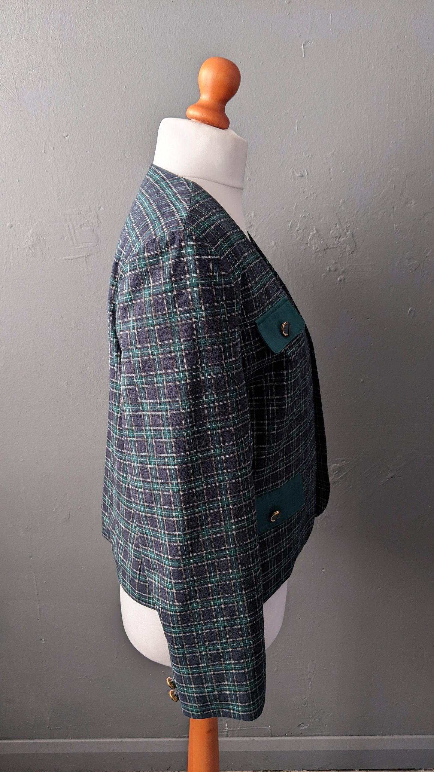 80s Blue Green Check Jacket, Collarless Dress Blazer, Size Medium