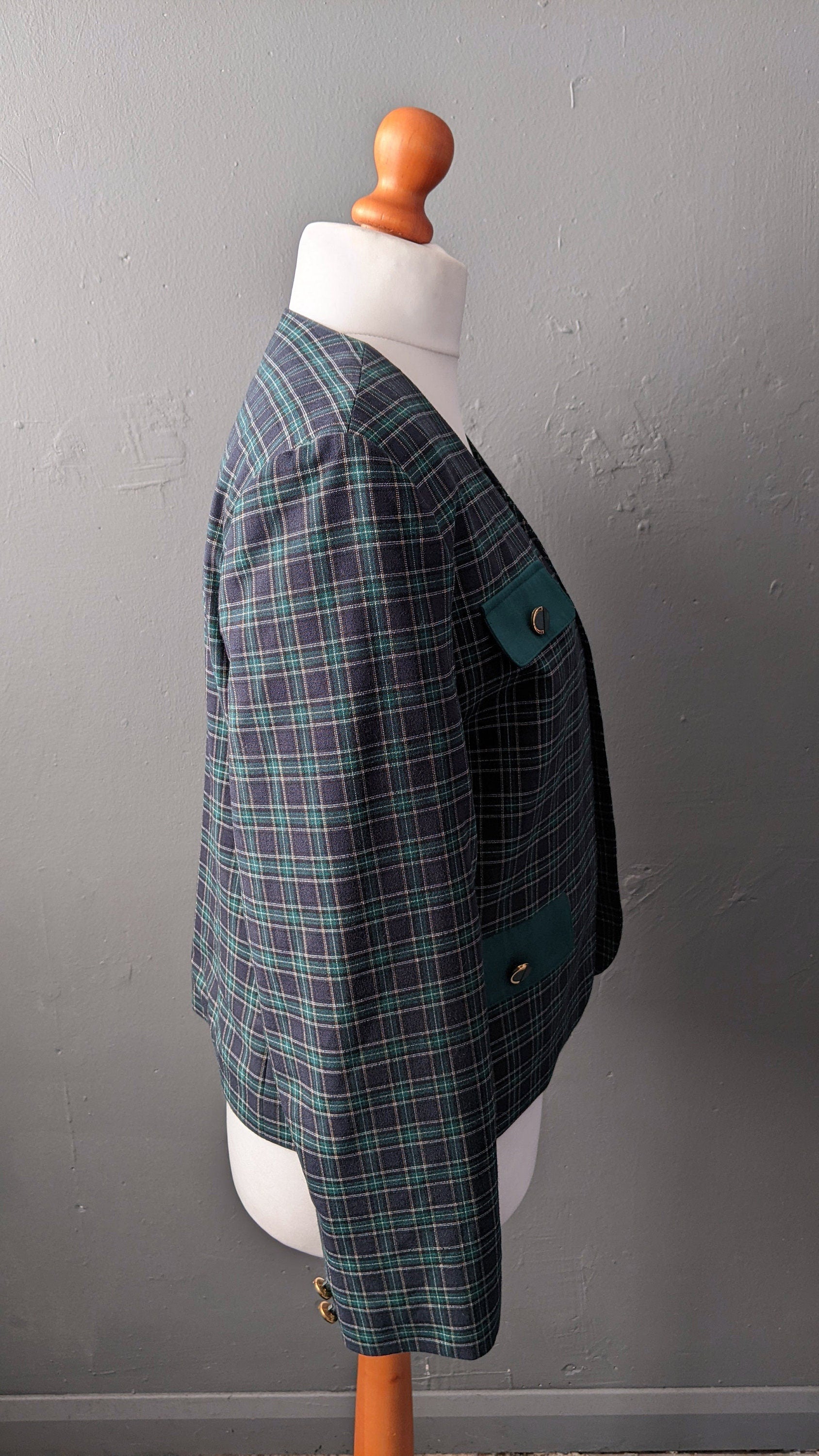 80s Blue Green Check Jacket, Collarless Dress Blazer, Size Medium
