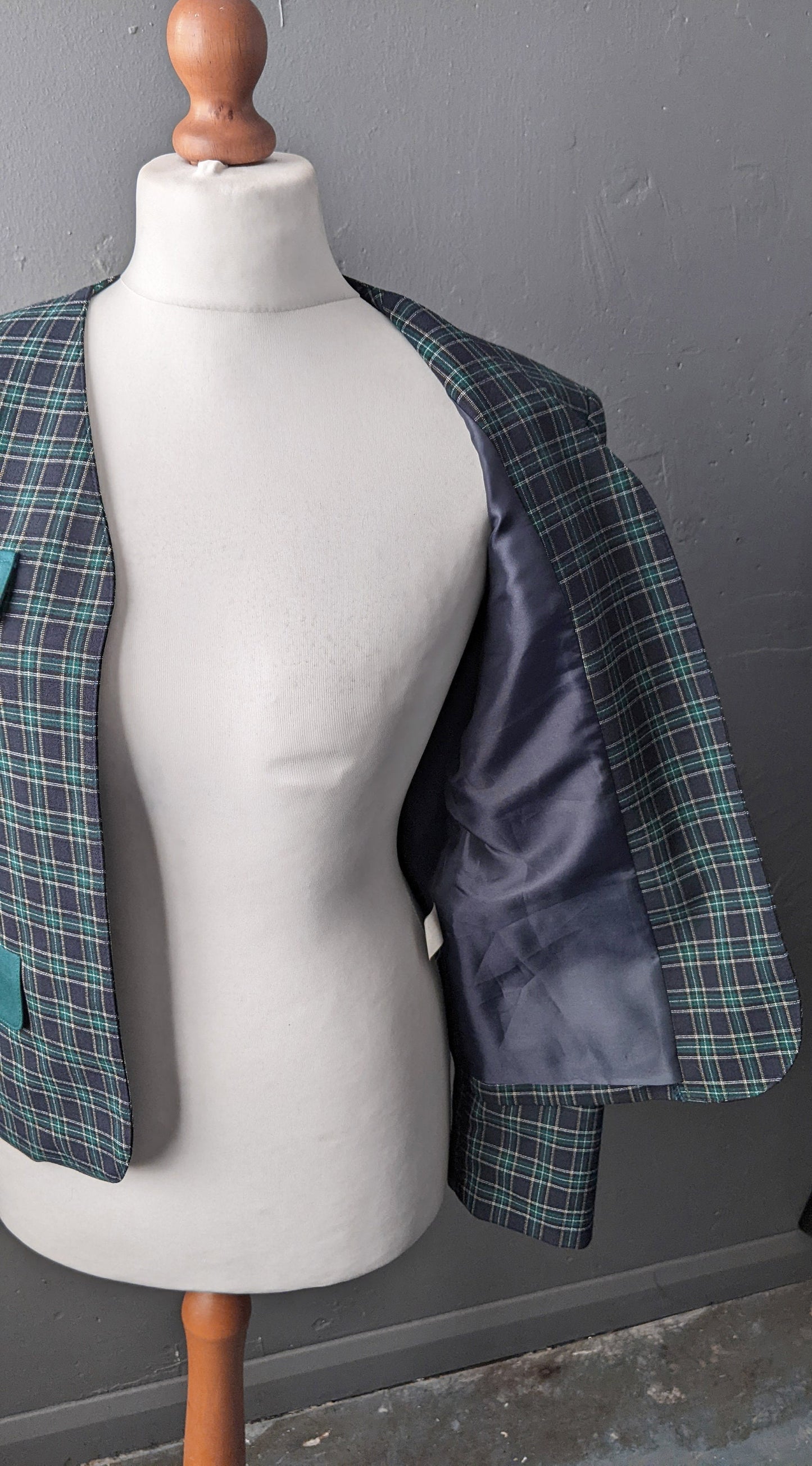 80s Blue Green Check Jacket, Collarless Dress Blazer, Size Medium