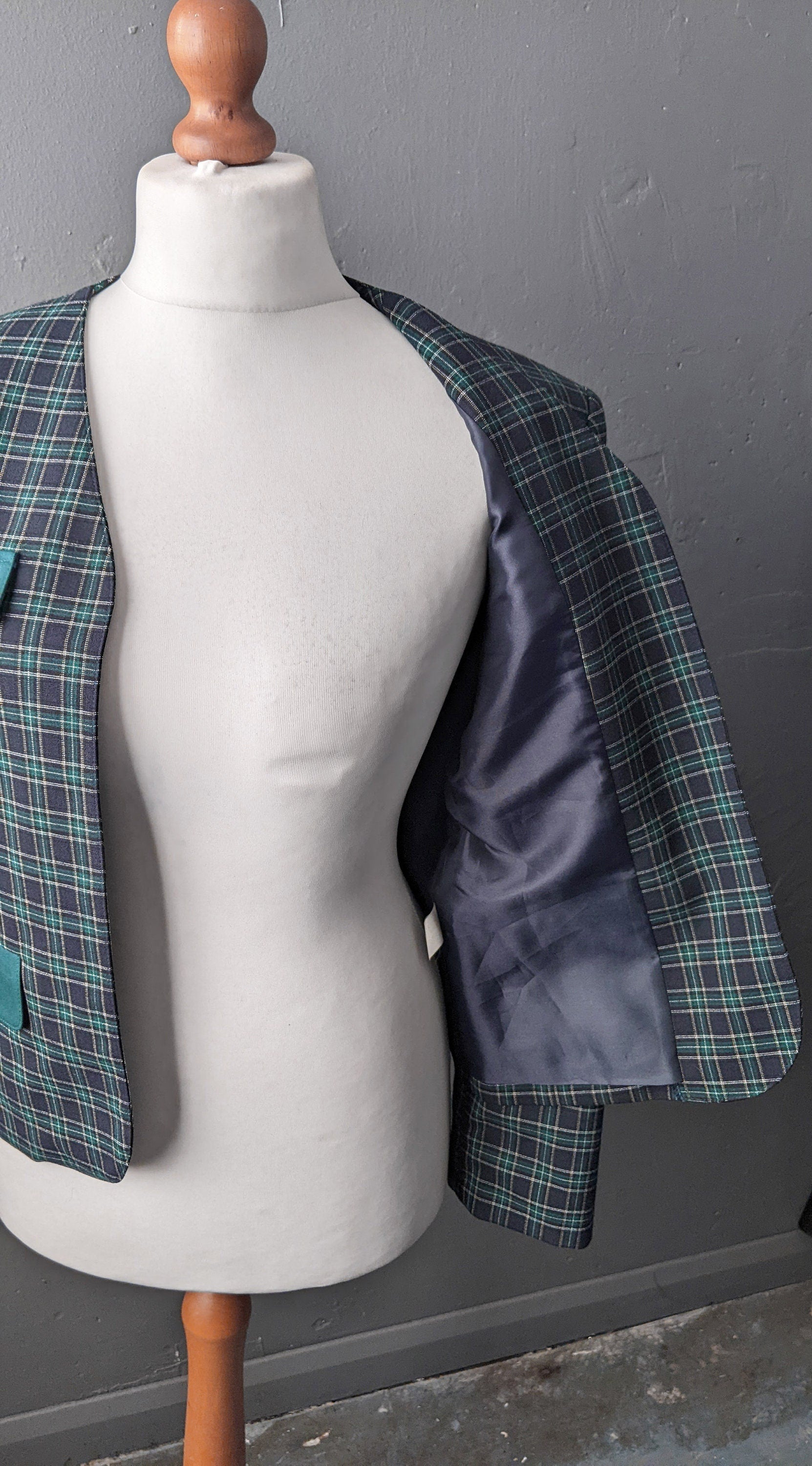 80s Blue Green Check Jacket, Collarless Dress Blazer, Size Medium