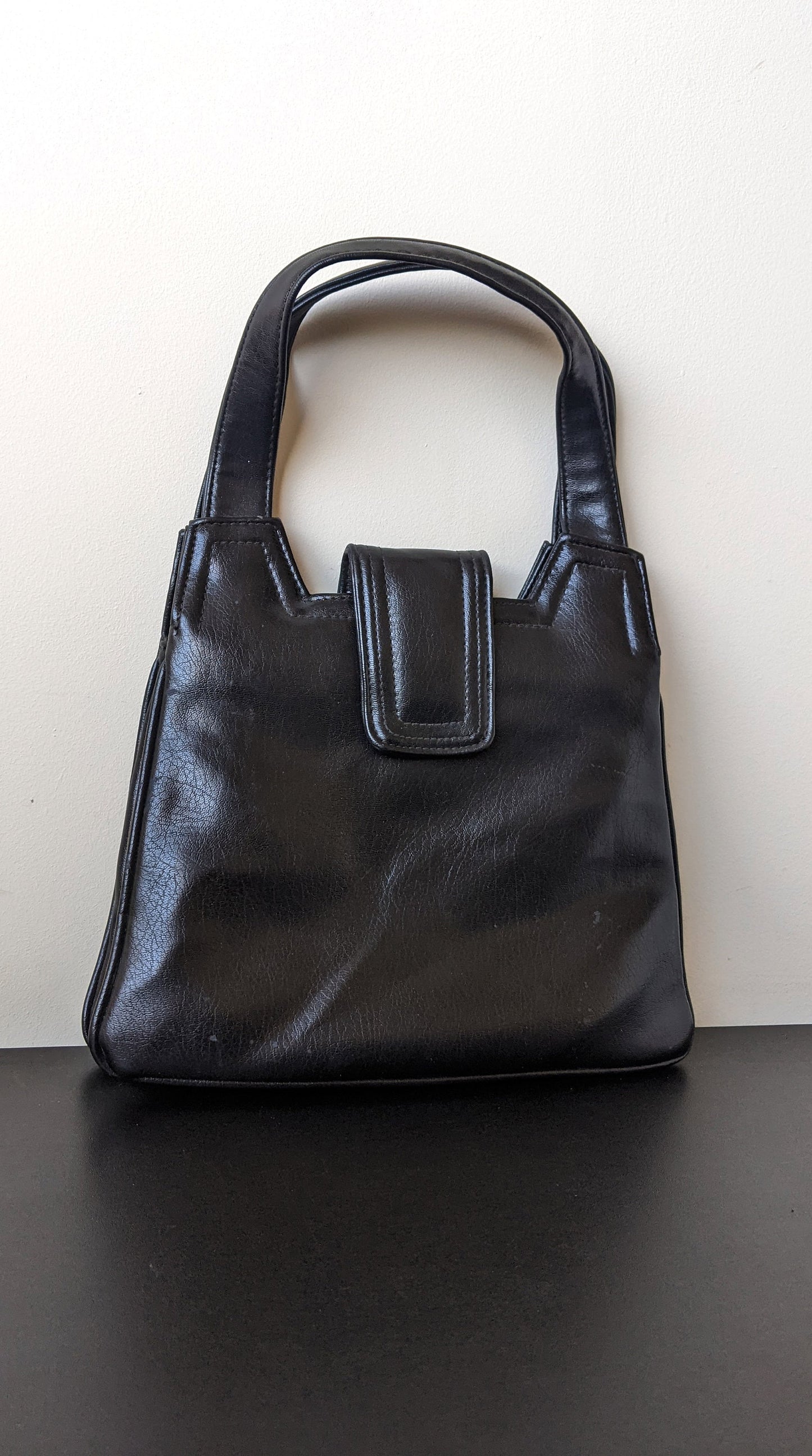 Vintage Top Handle Handbag with Inner Frame, Vegan Leatherette Handheld Bag