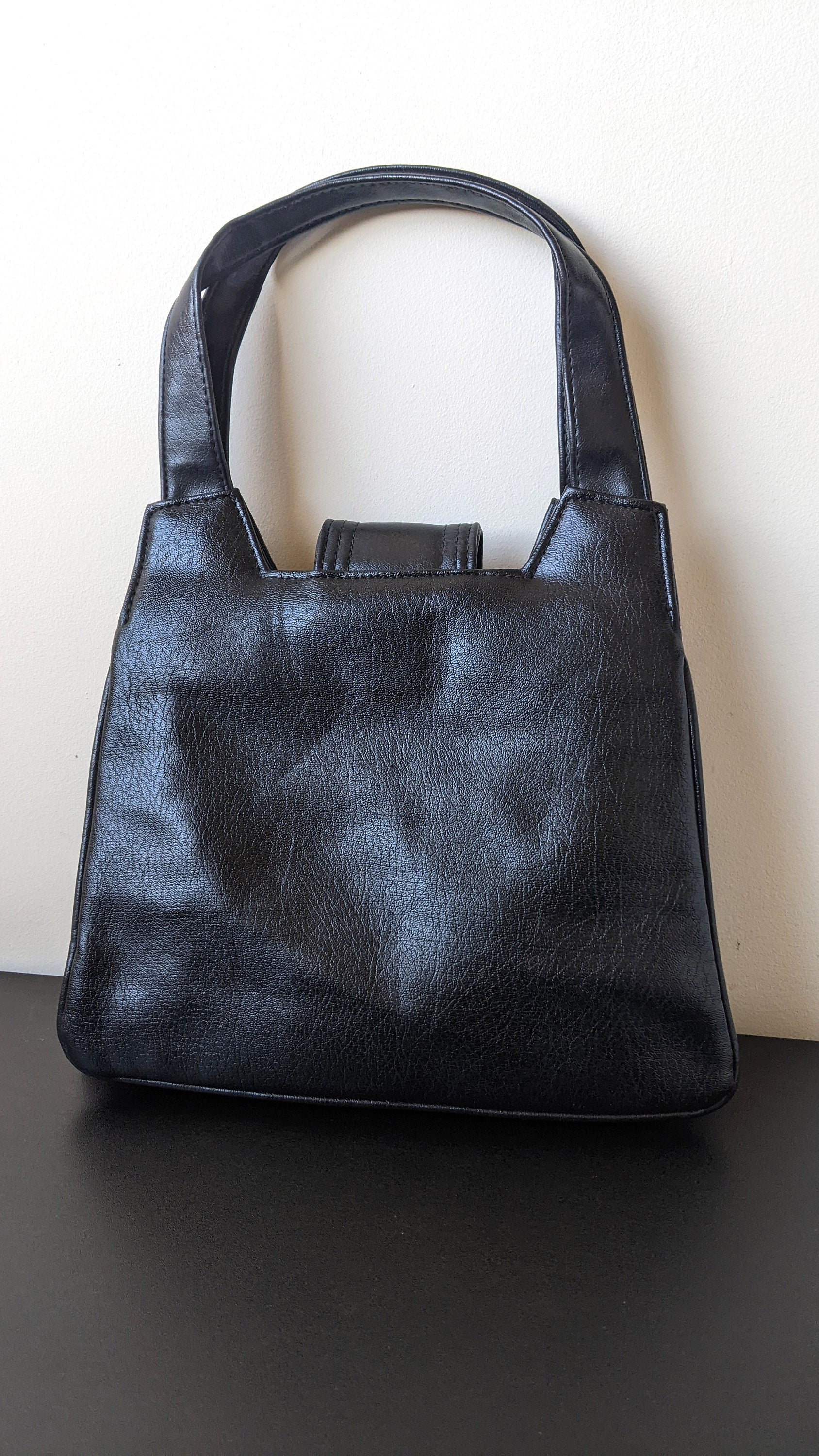 Vintage Top Handle Handbag with Inner Frame, Vegan Leatherette Handheld Bag