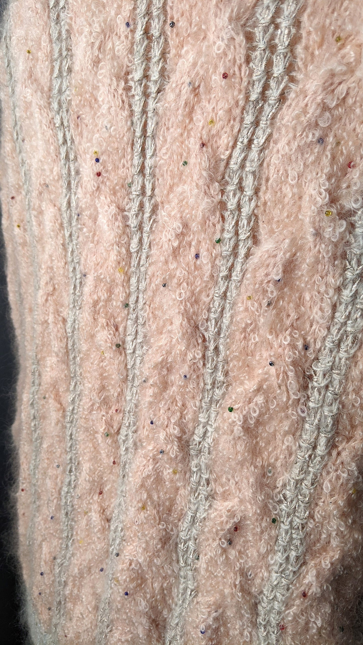 90s Fluffy Wool Cable Knit Cardigan, Chunky Peach Pink Beaded Coatigan, Size Large