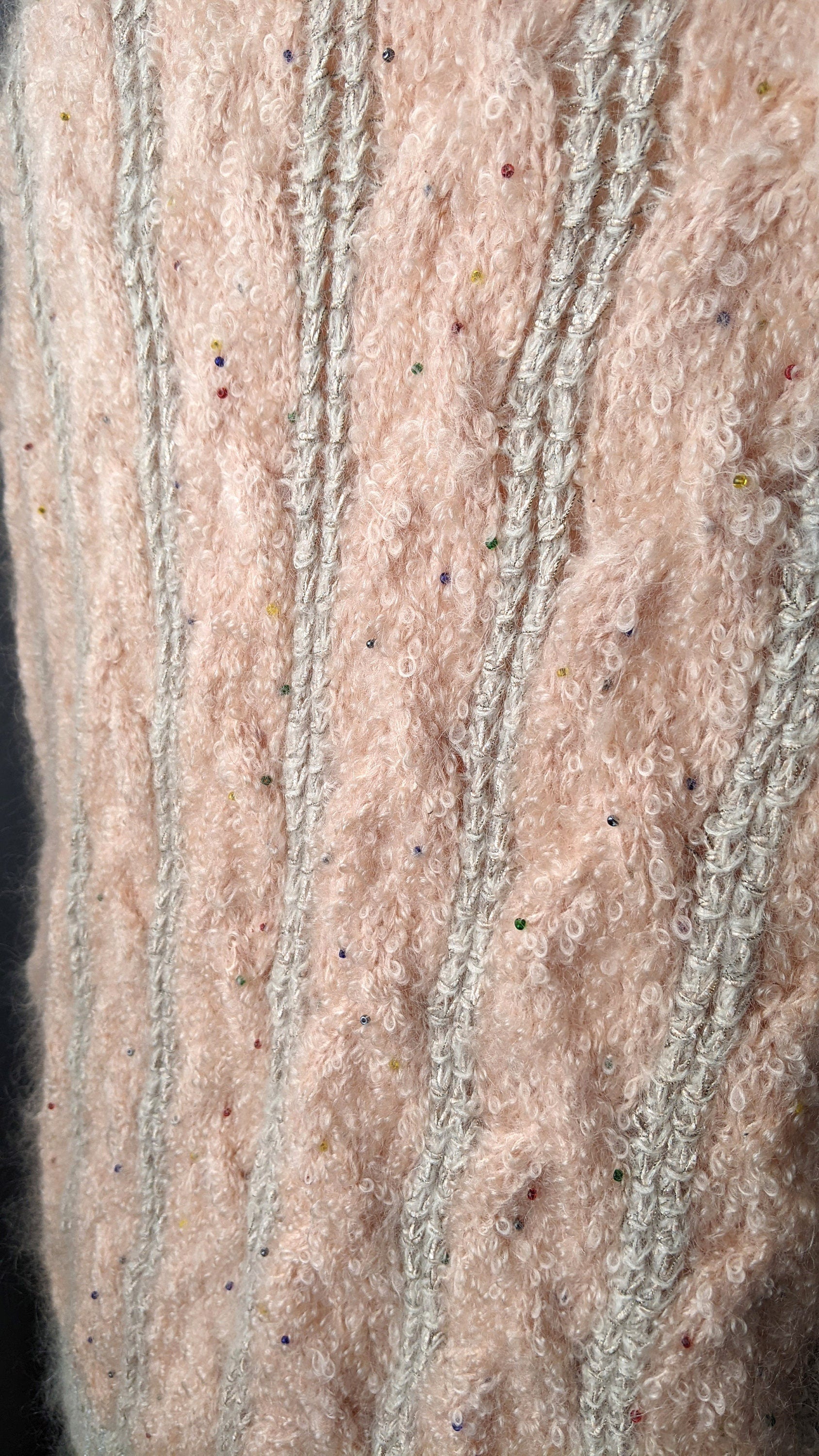 90s Fluffy Wool Cable Knit Cardigan, Chunky Peach Pink Beaded Coatigan, Size Large