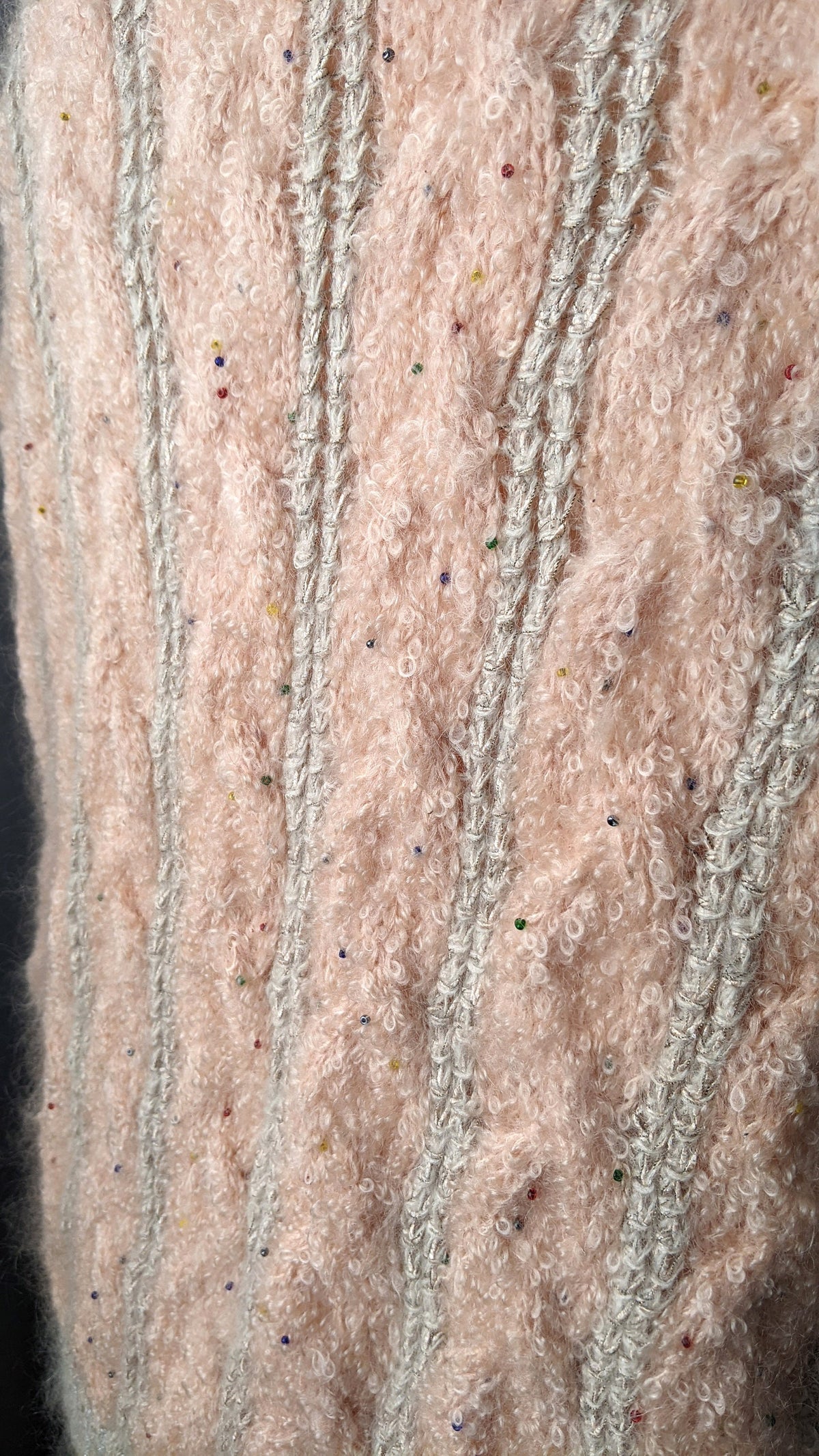 90s Fluffy Wool Cable Knit Cardigan, Chunky Peach Pink Beaded Coatigan, Size Large