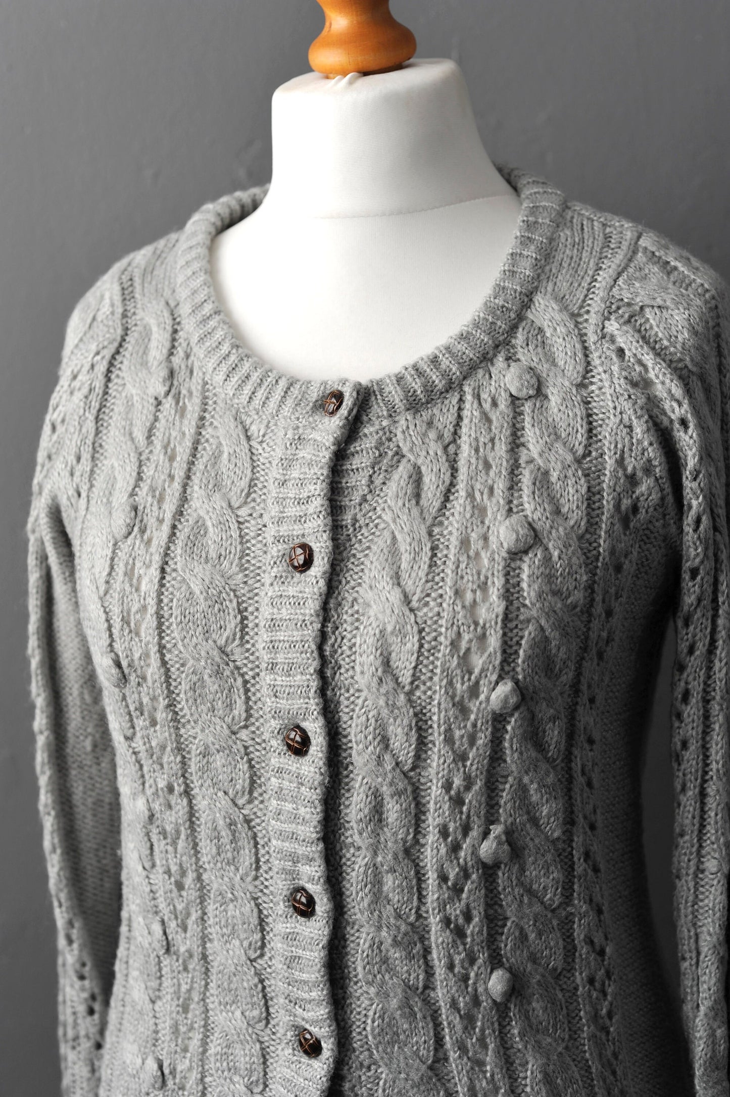 90s Soft Grey Cable Knit Cardigan, Size Small