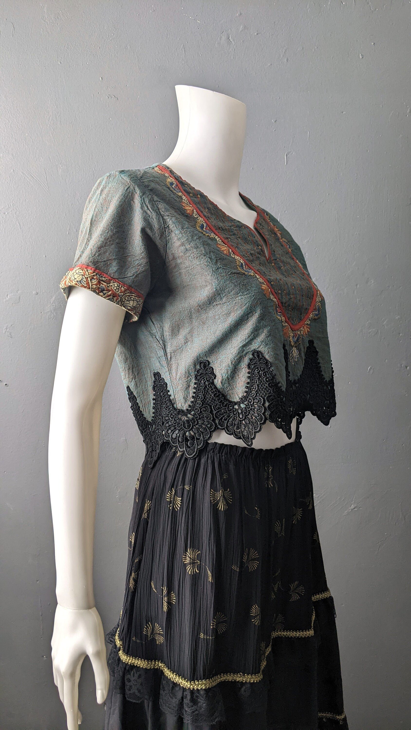 Embroidered Crop Top, Bohemian Hippy, Upcycled Kurti, Size Medium