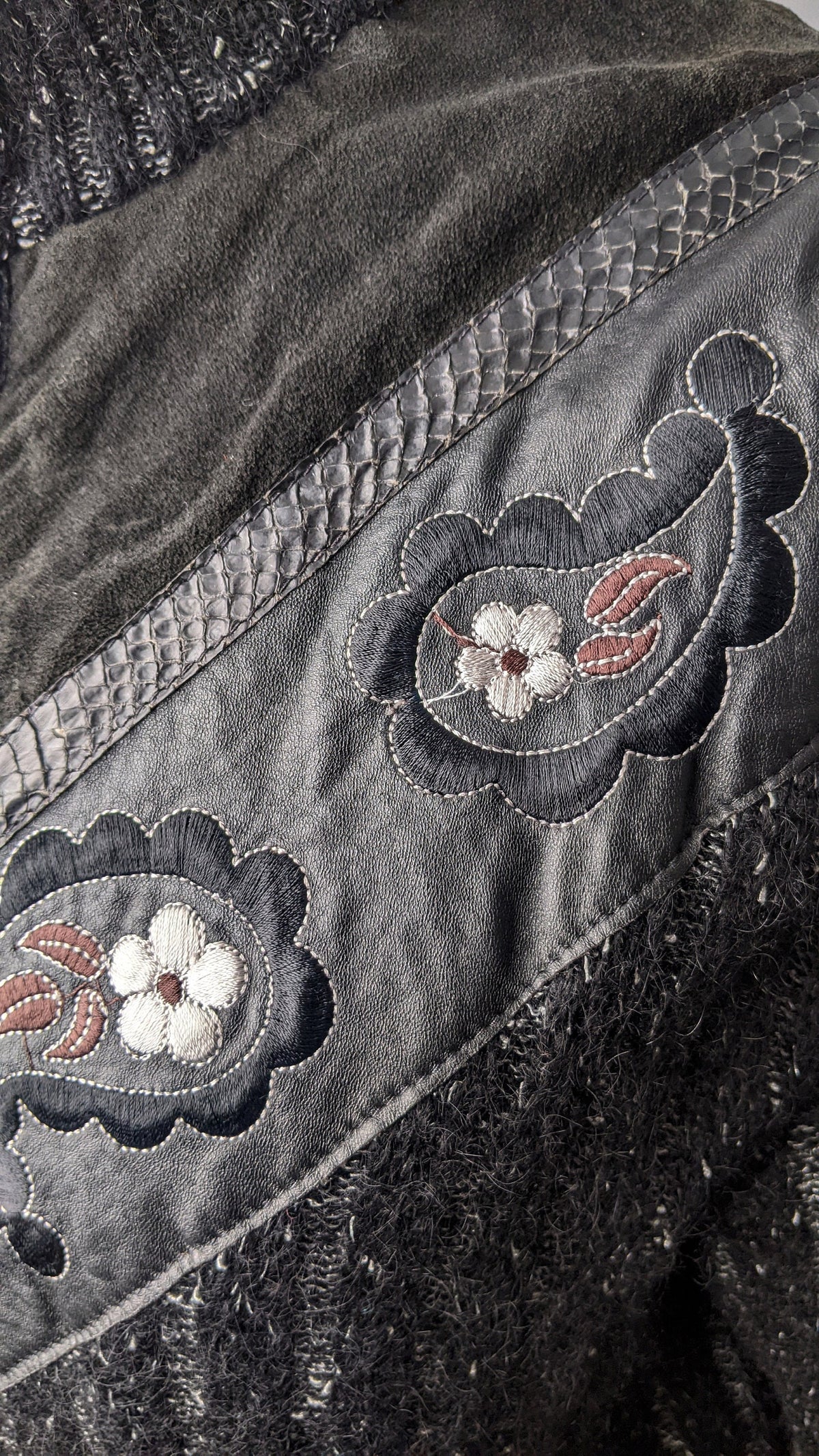 80s Embroidered Mohair Cardigan with Leather, Suede and Snakeskin, Plus Size XL