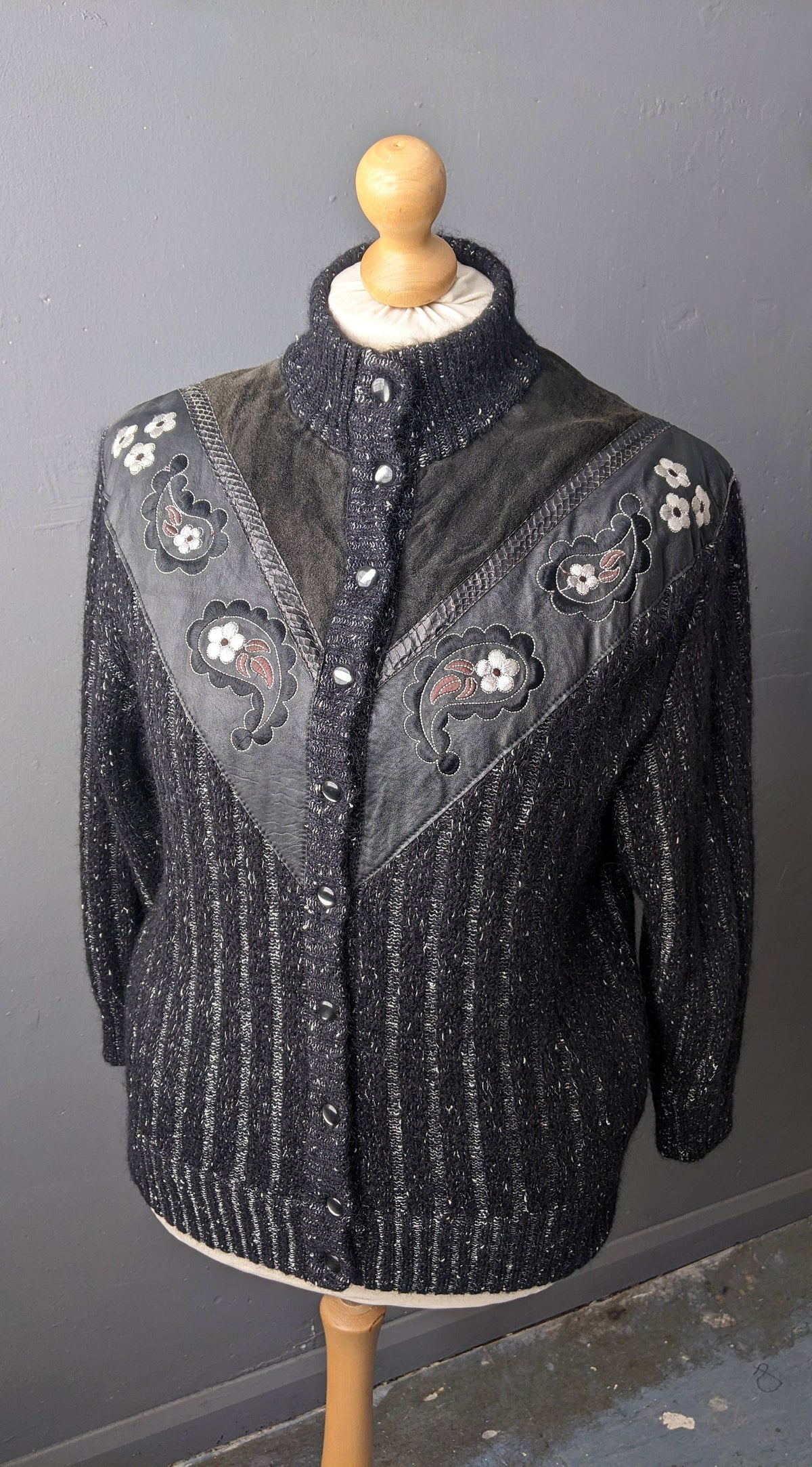 80s Embroidered Mohair Cardigan with Leather, Suede and Snakeskin, Plus Size XL