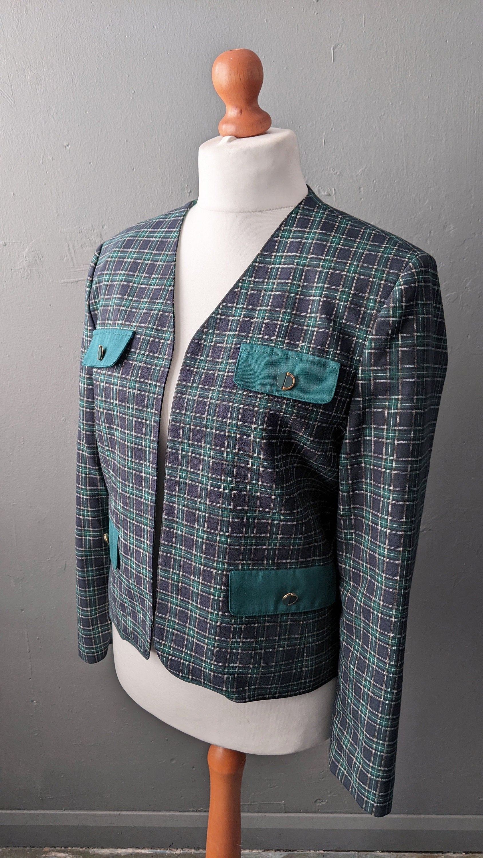 80s Blue Green Check Jacket, Collarless Dress Blazer, Size Medium