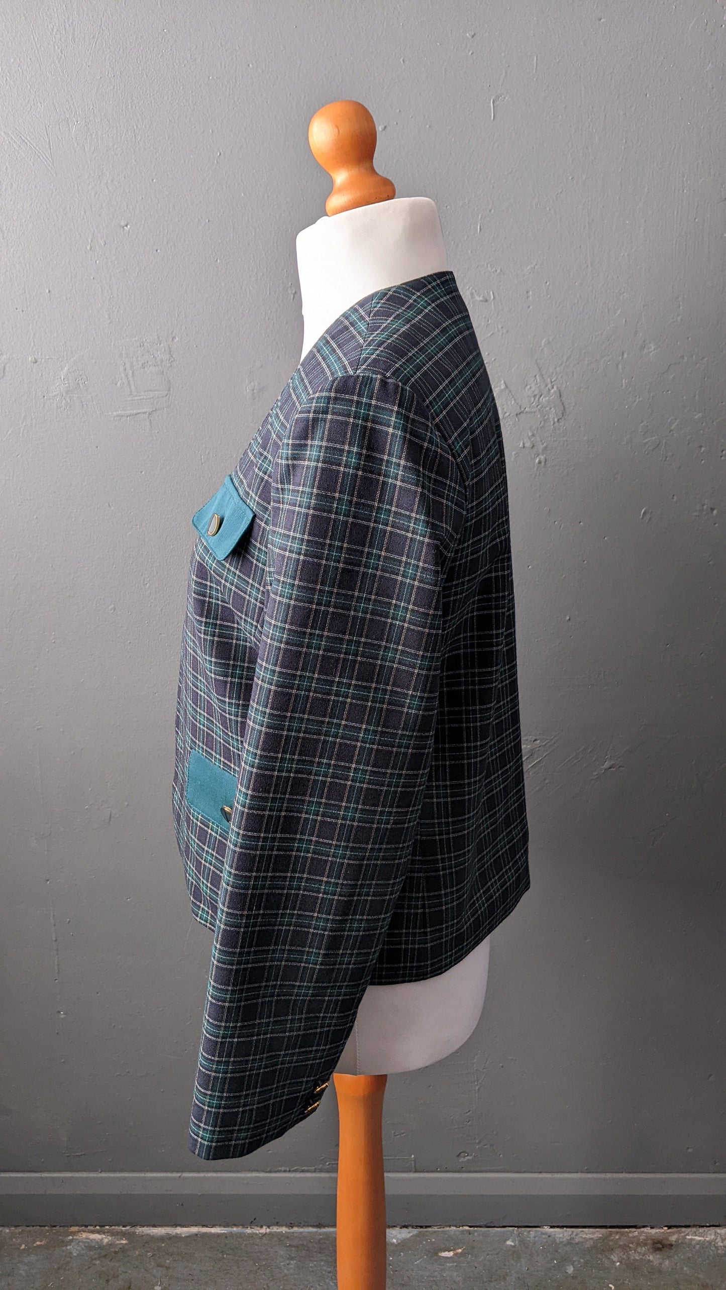 80s Blue Green Check Jacket, Collarless Dress Blazer, Size Medium