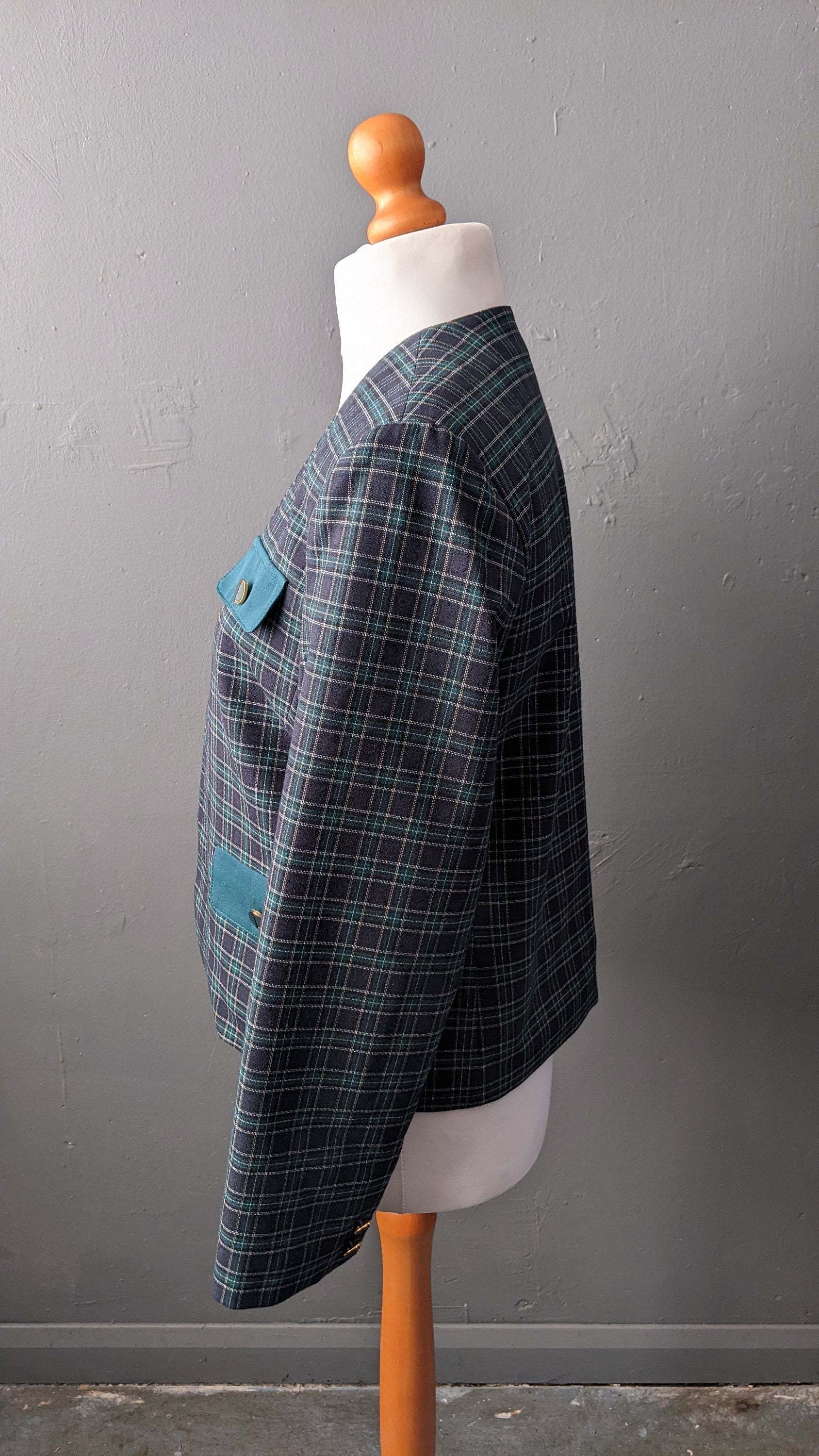 80s Blue Green Check Jacket, Collarless Dress Blazer, Size Medium