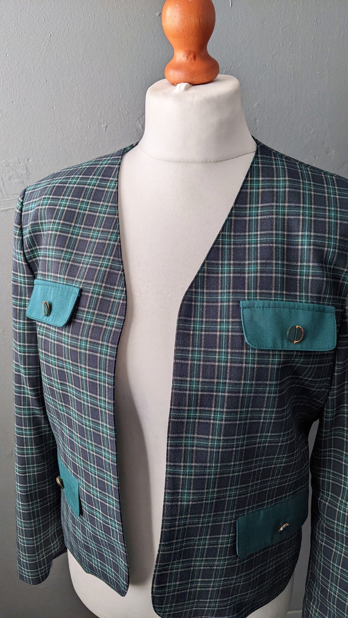 80s Blue Green Check Jacket, Collarless Dress Blazer, Size Medium