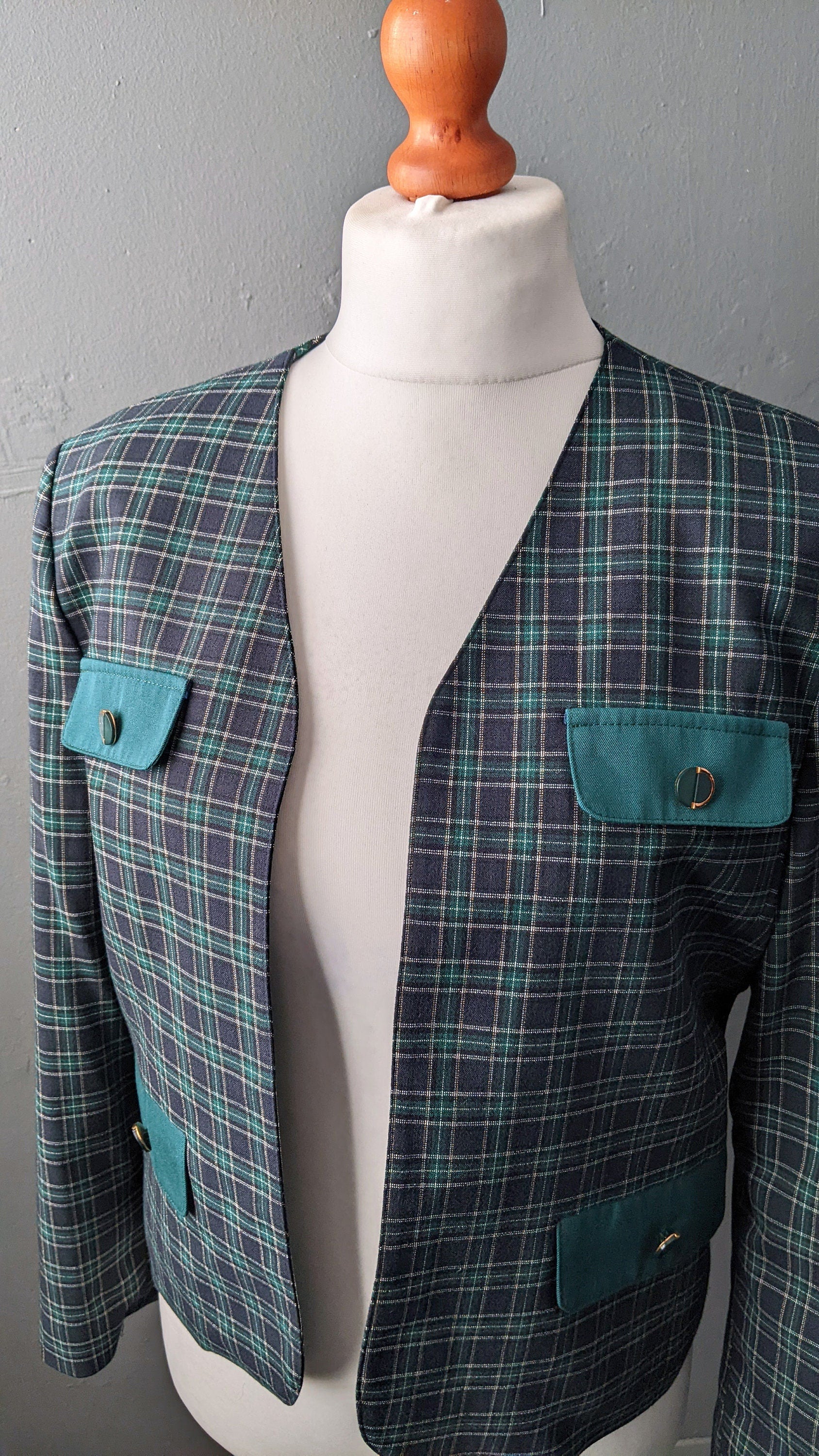 80s Blue Green Check Jacket, Collarless Dress Blazer, Size Medium
