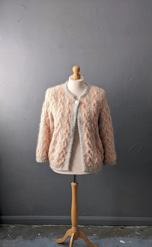 90s Fluffy Wool Cable Knit Cardigan, Chunky Peach Pink Beaded Coatigan, Size Large
