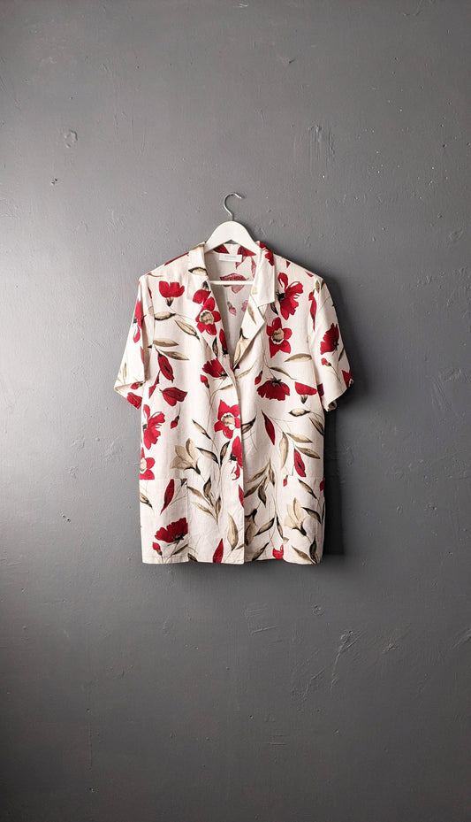 Y2K Linen Blend Shirt Jacket with Red Flowers, Short Sleeve Summer Blazer by Canda C&A, Plus Size