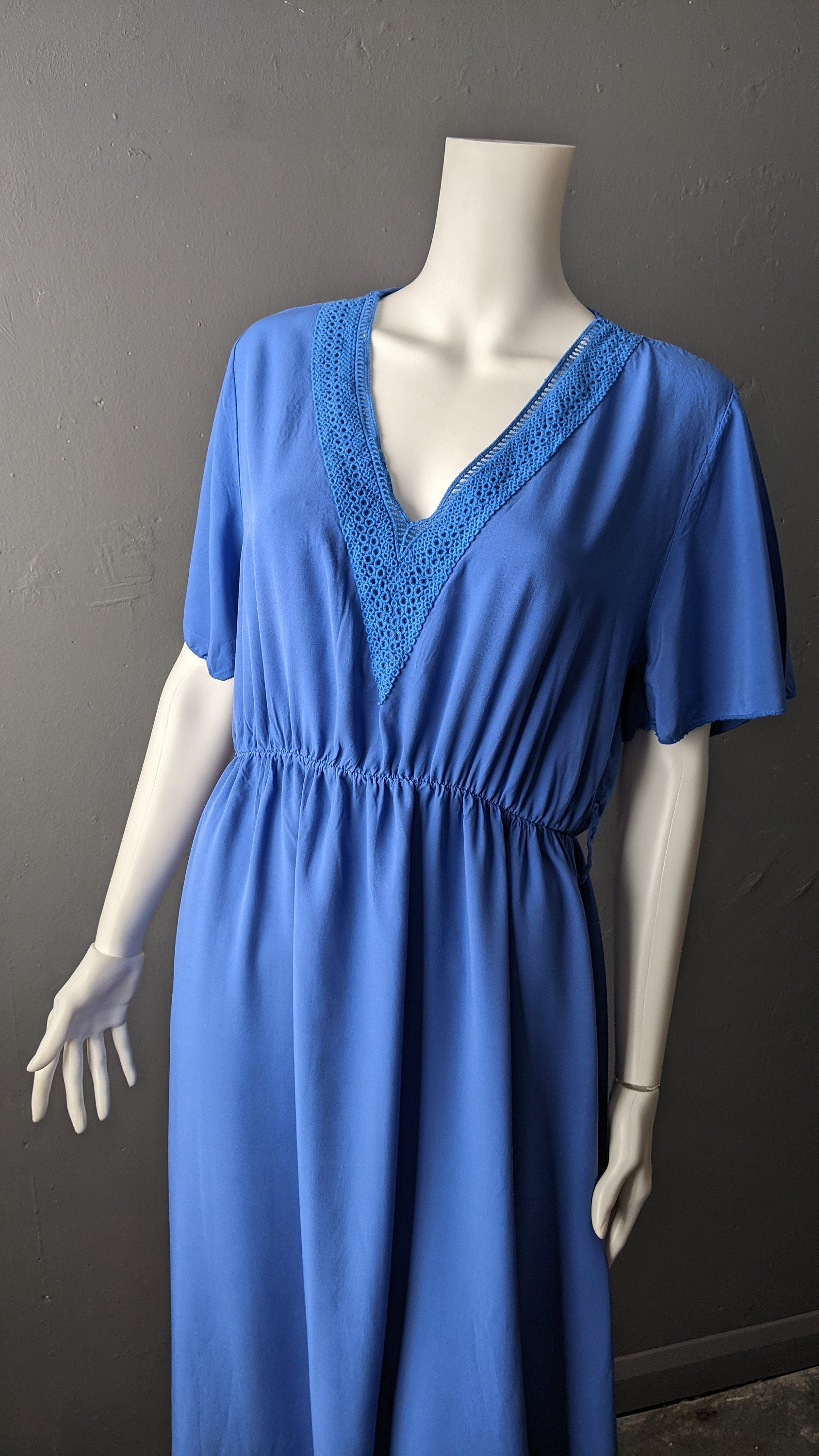 80s Sky Blue Maxi Dress, Lightweight Viscose Summer Daydress, Size Medium