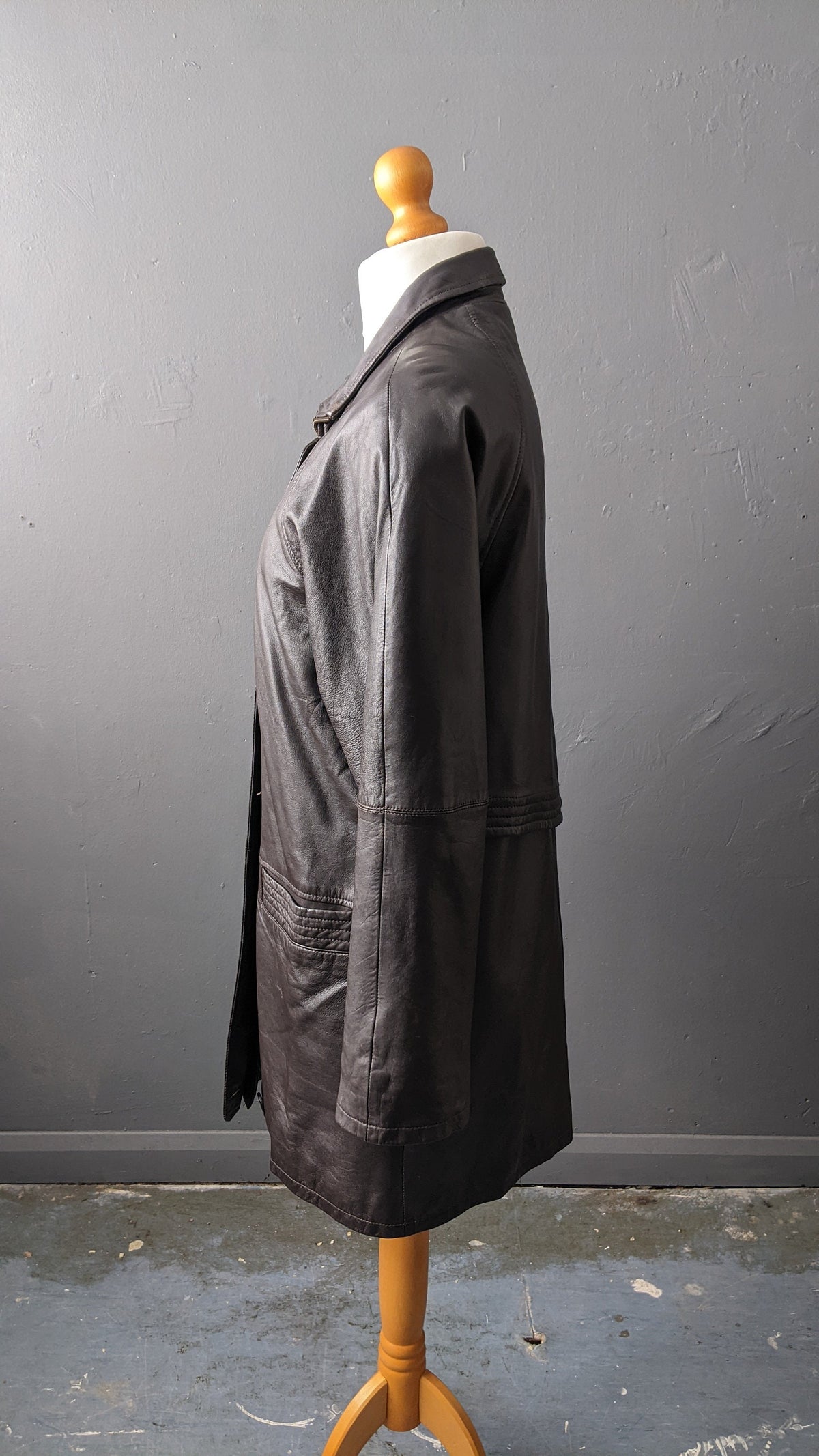 90s Oversized Leather Parka, Dark Brown Hip Long Coat, Size Medium Large