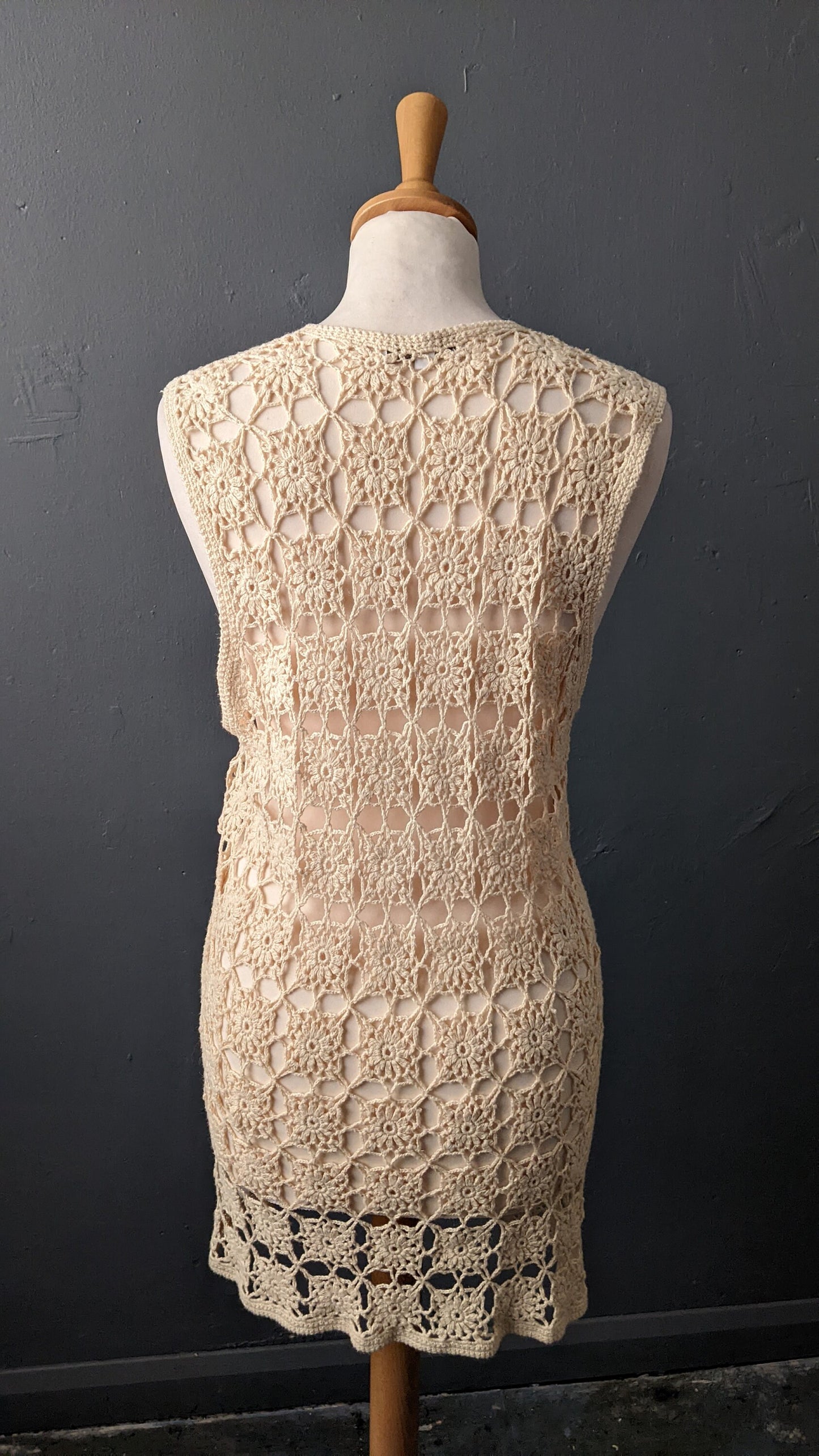 Vintage Crochet Vest, 90s Sleeveless Cardigan, Size Small