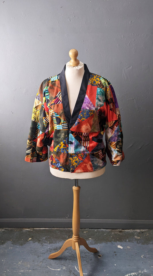 80s Multicoloured Patchwork Jacket, Vintage Handmade Batwing Coat, Size Medium