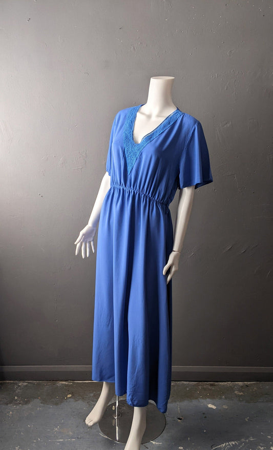 80s Sky Blue Maxi Dress, Lightweight Viscose Summer Daydress, Size Medium