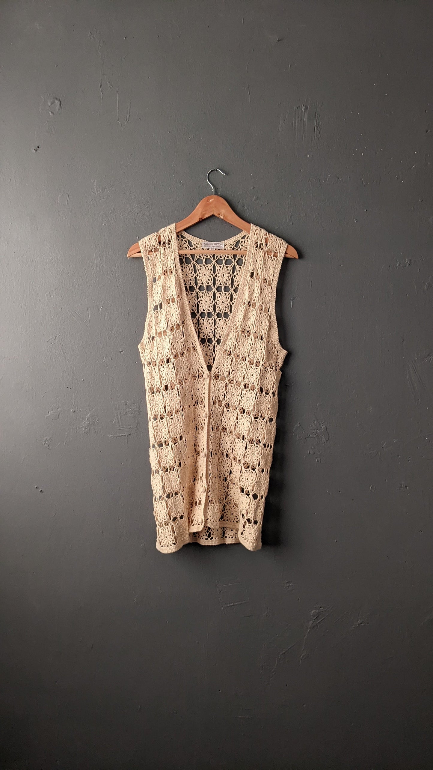 Vintage Crochet Vest, 90s Sleeveless Cardigan, Size Small