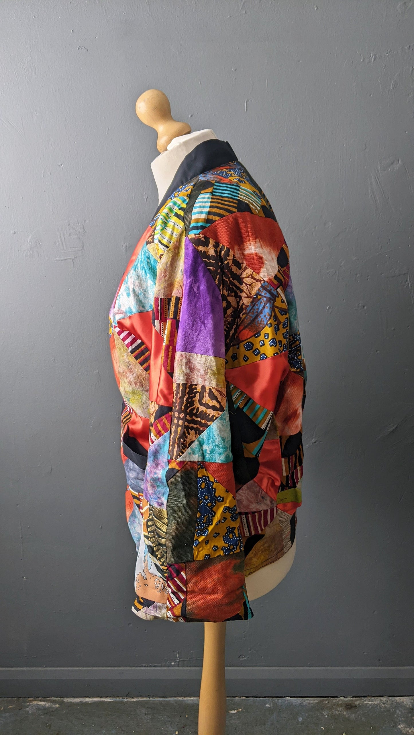 80s Multicoloured Patchwork Jacket, Vintage Handmade Batwing Coat, Size Medium