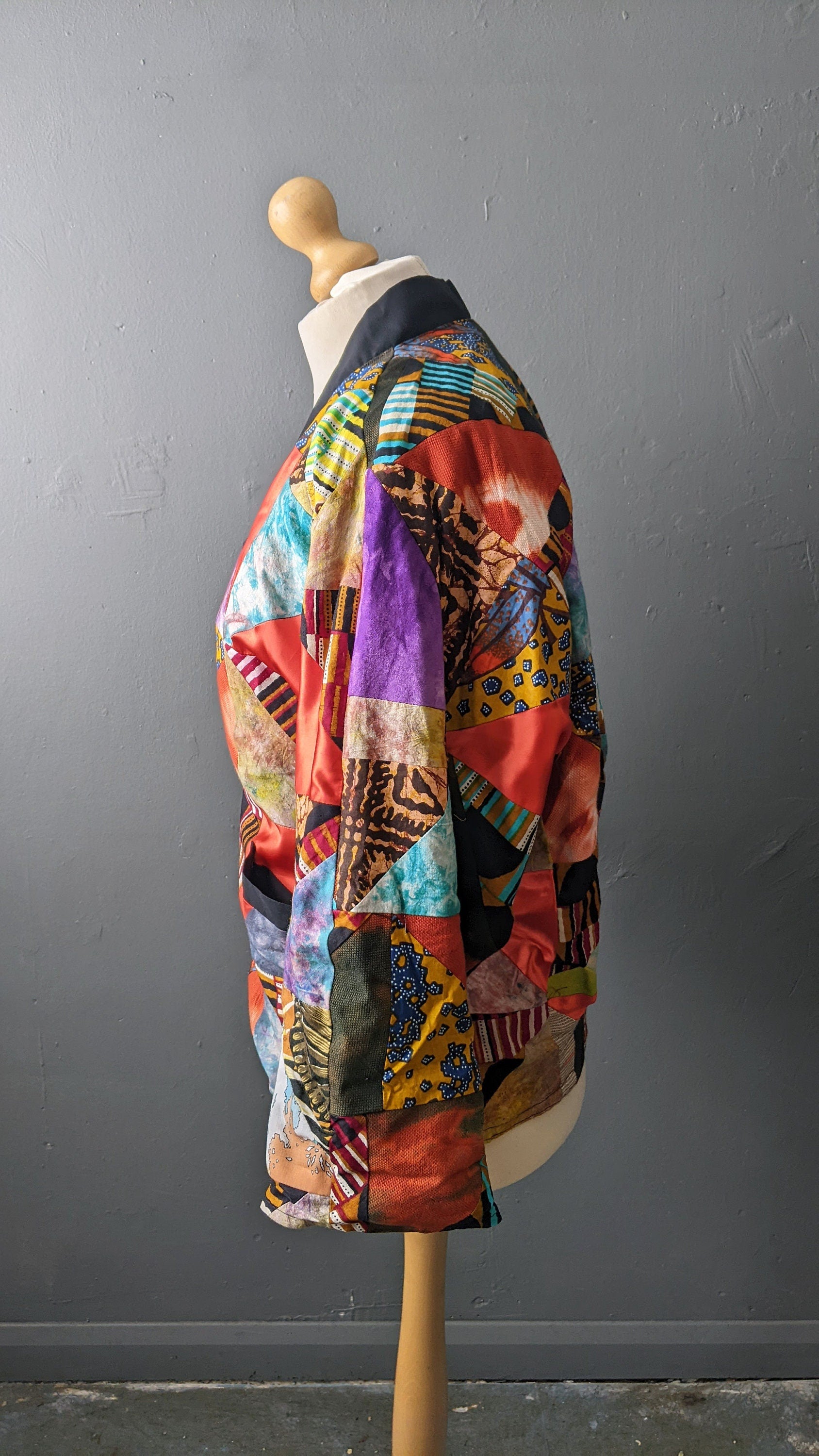 80s Multicoloured Patchwork Jacket, Vintage Handmade Batwing Coat, Size Medium