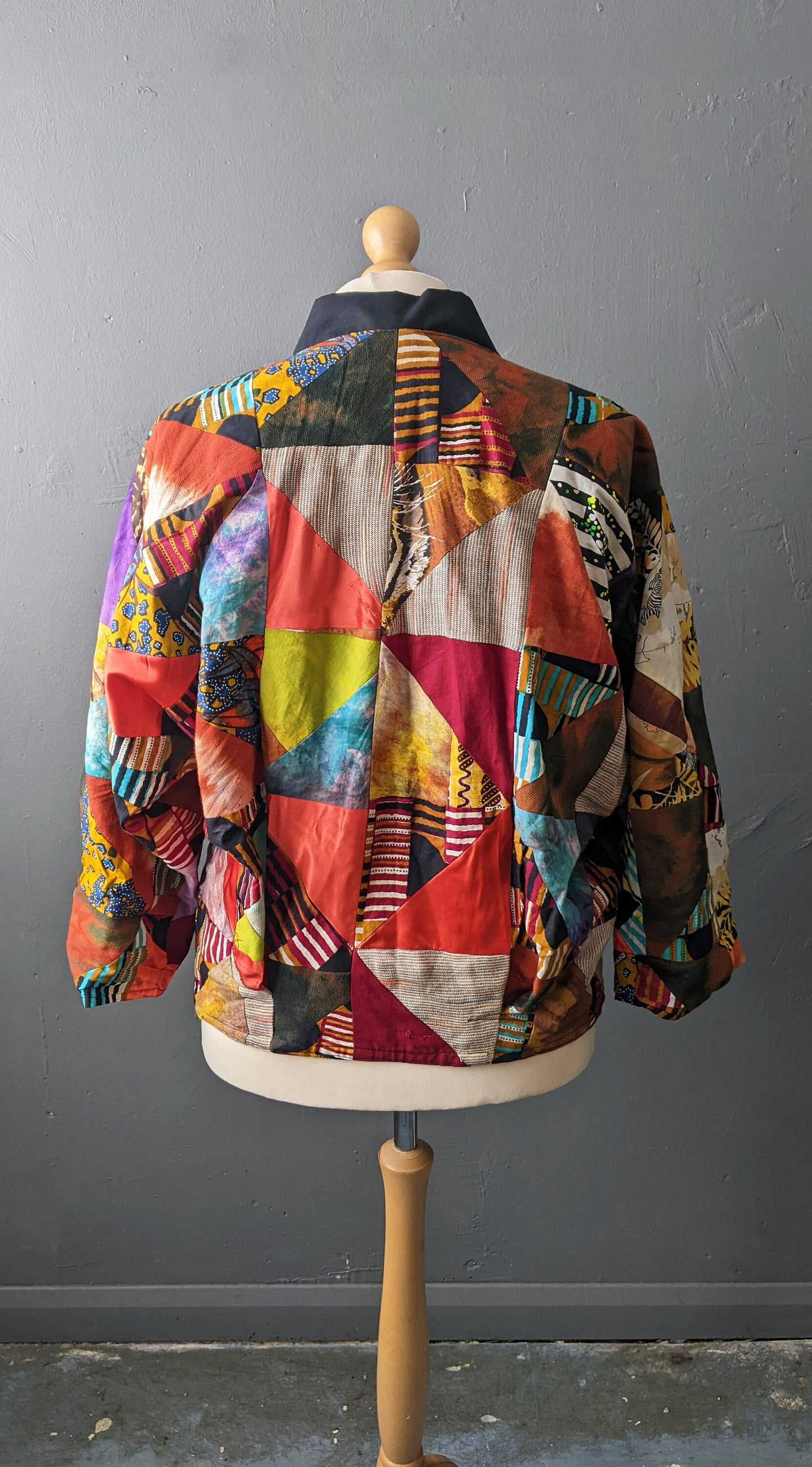 80s Multicoloured Patchwork Jacket, Vintage Handmade Batwing Coat, Size Medium