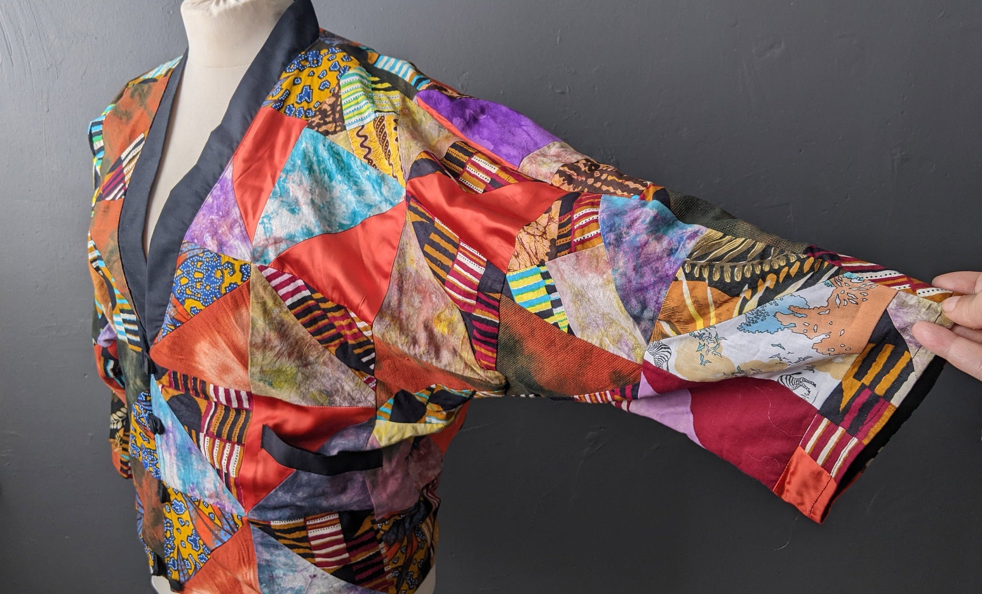 80s Multicoloured Patchwork Jacket, Vintage Handmade Batwing Coat, Size Medium