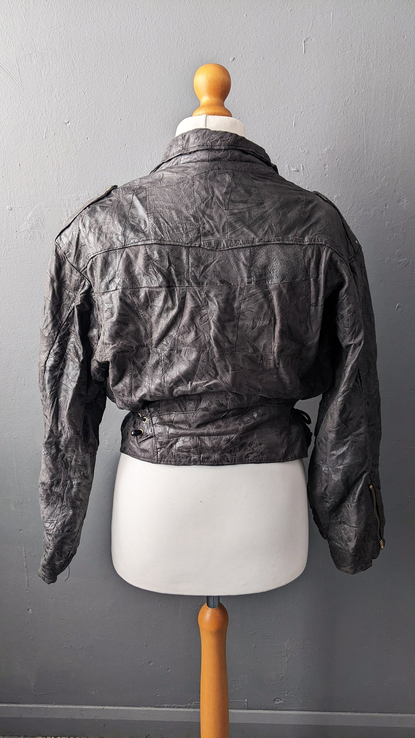 80s Cropped Leather Biker Jacket, Short Patchwork Batwing Coat, Size Medium