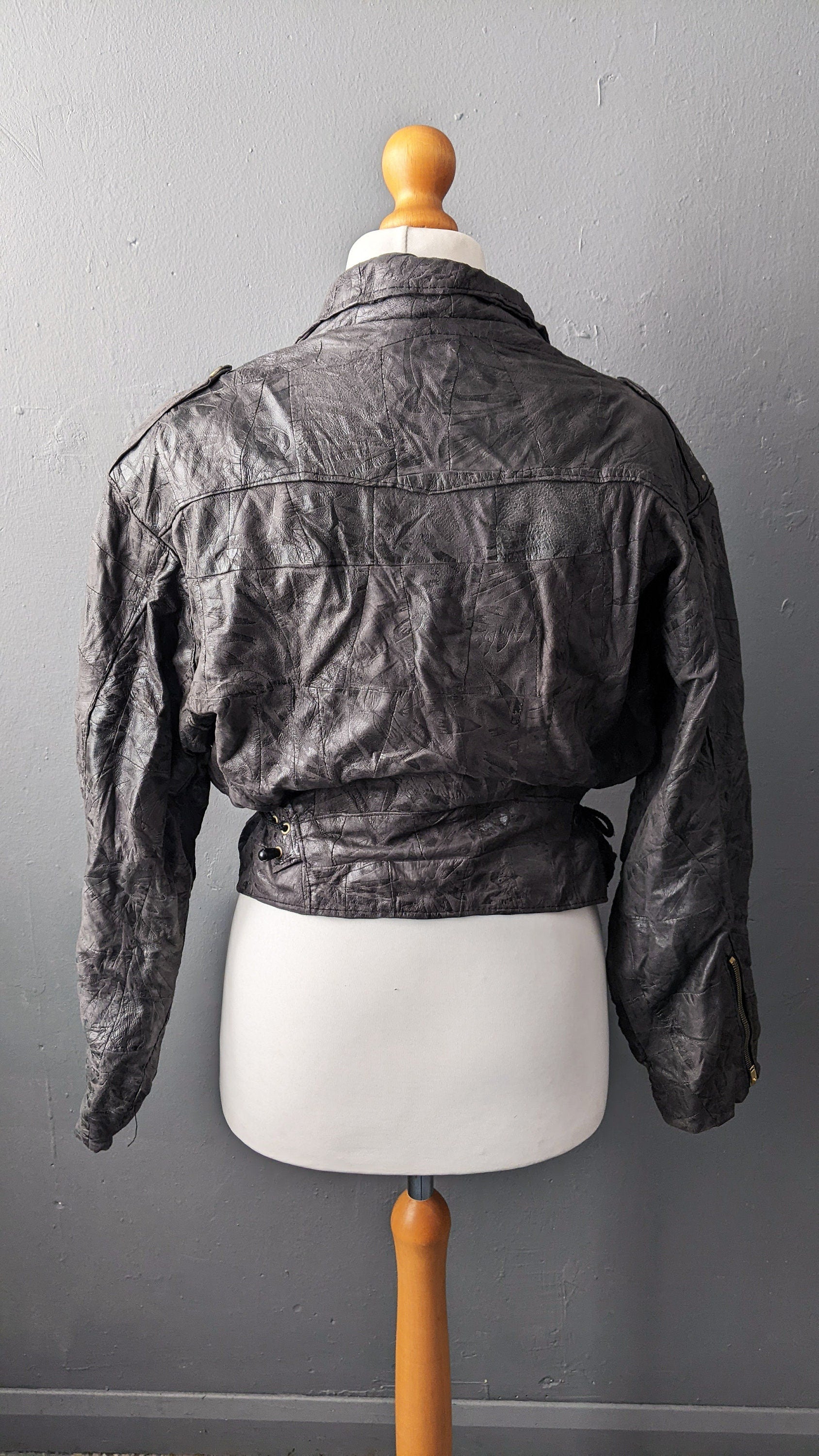 80s Cropped Leather Biker Jacket, Short Patchwork Batwing Coat, Size Medium
