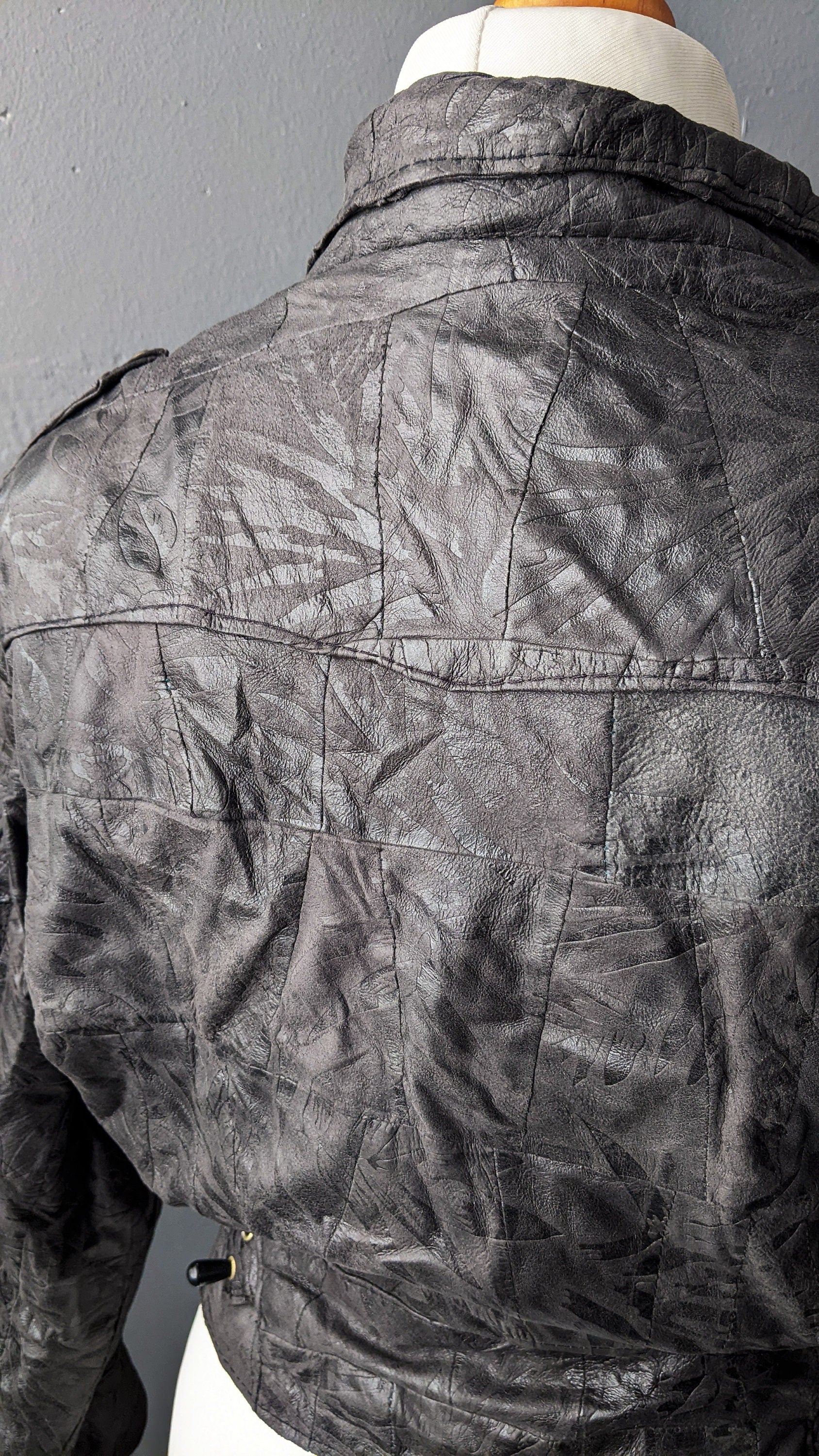 80s Cropped Leather Biker Jacket, Short Patchwork Batwing Coat, Size Medium