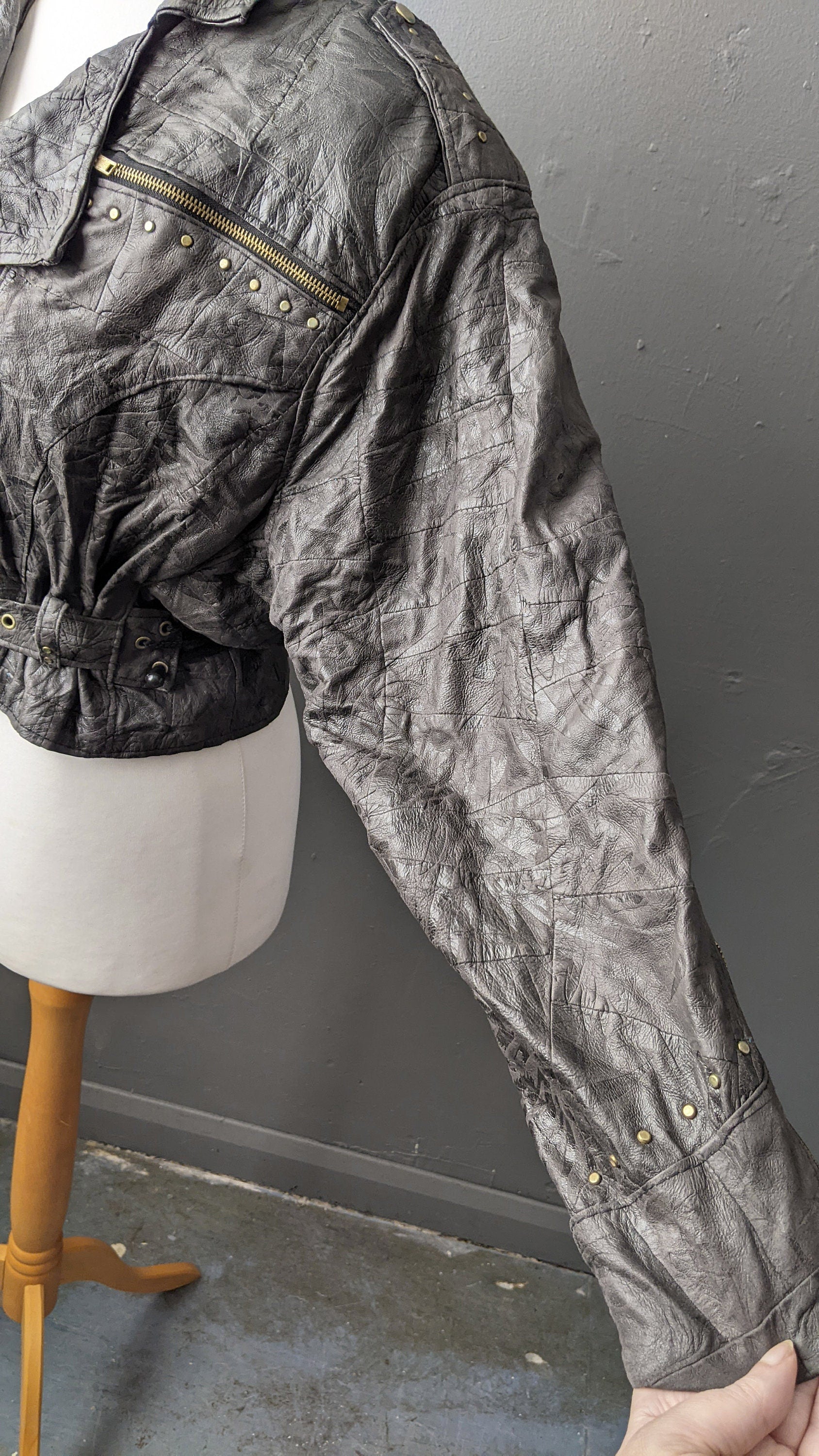 80s Cropped Leather Biker Jacket, Short Patchwork Batwing Coat, Size Medium