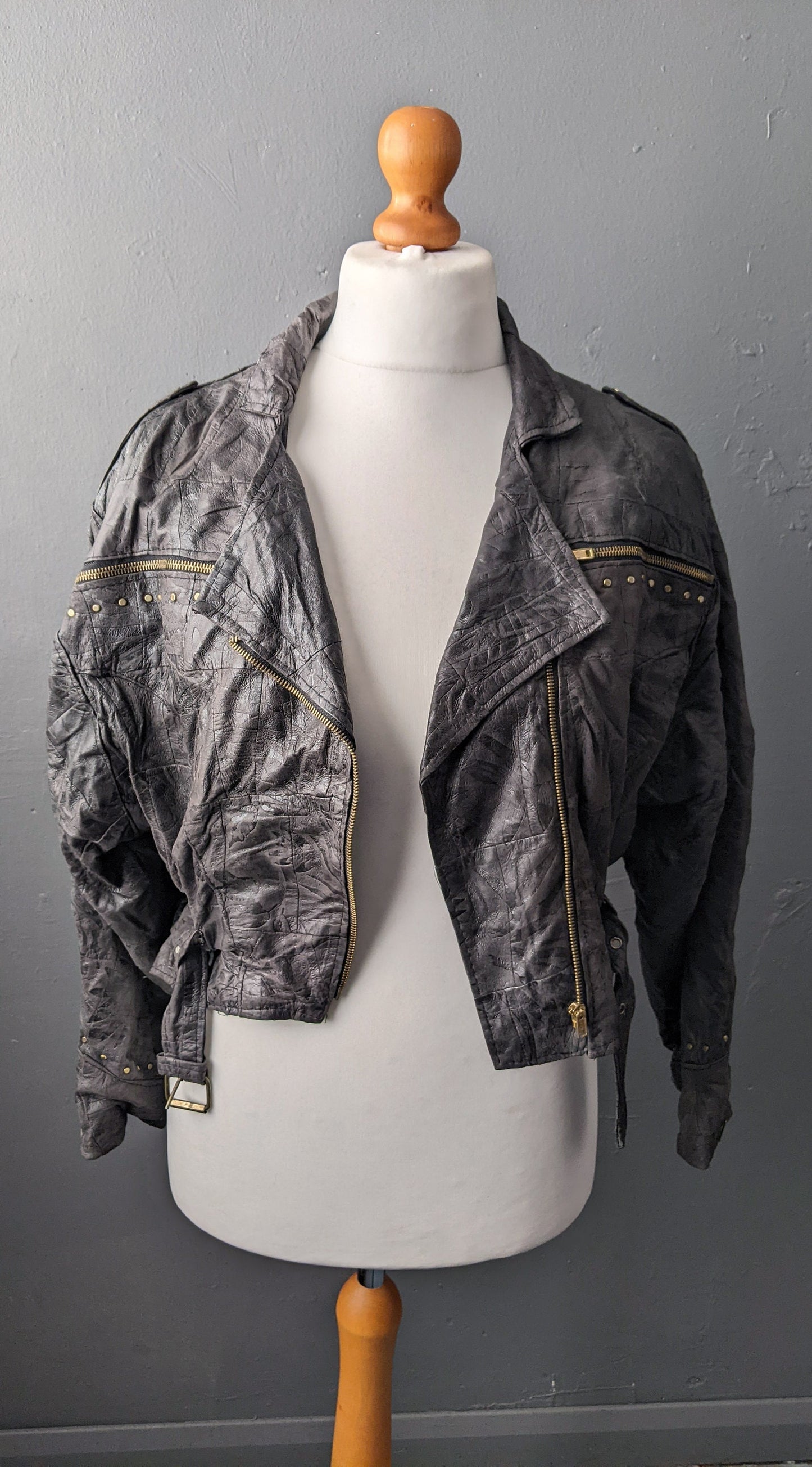 80s Cropped Leather Biker Jacket, Short Patchwork Batwing Coat, Size Medium