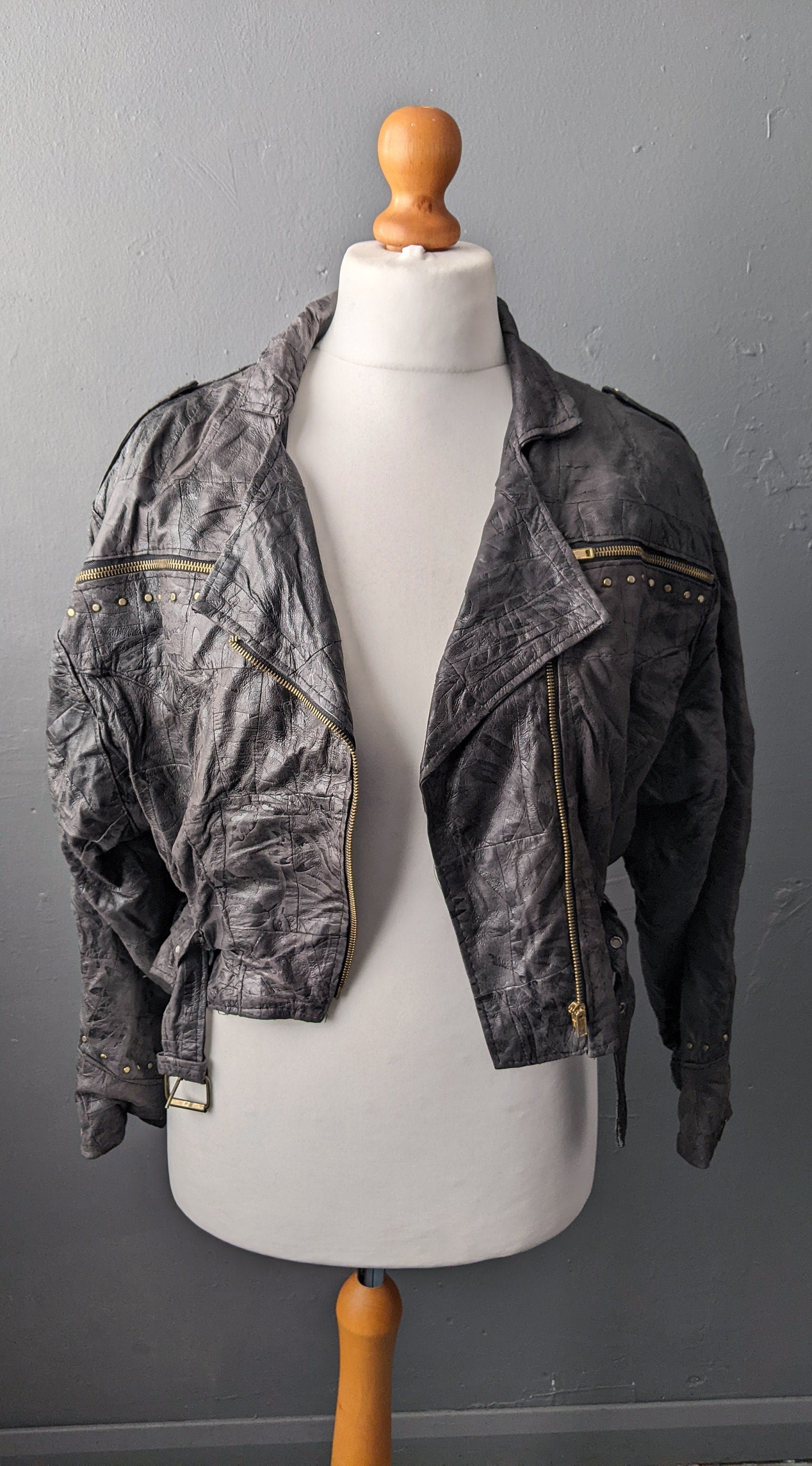 80s Cropped Leather Biker Jacket, Short Patchwork Batwing Coat, Size Medium