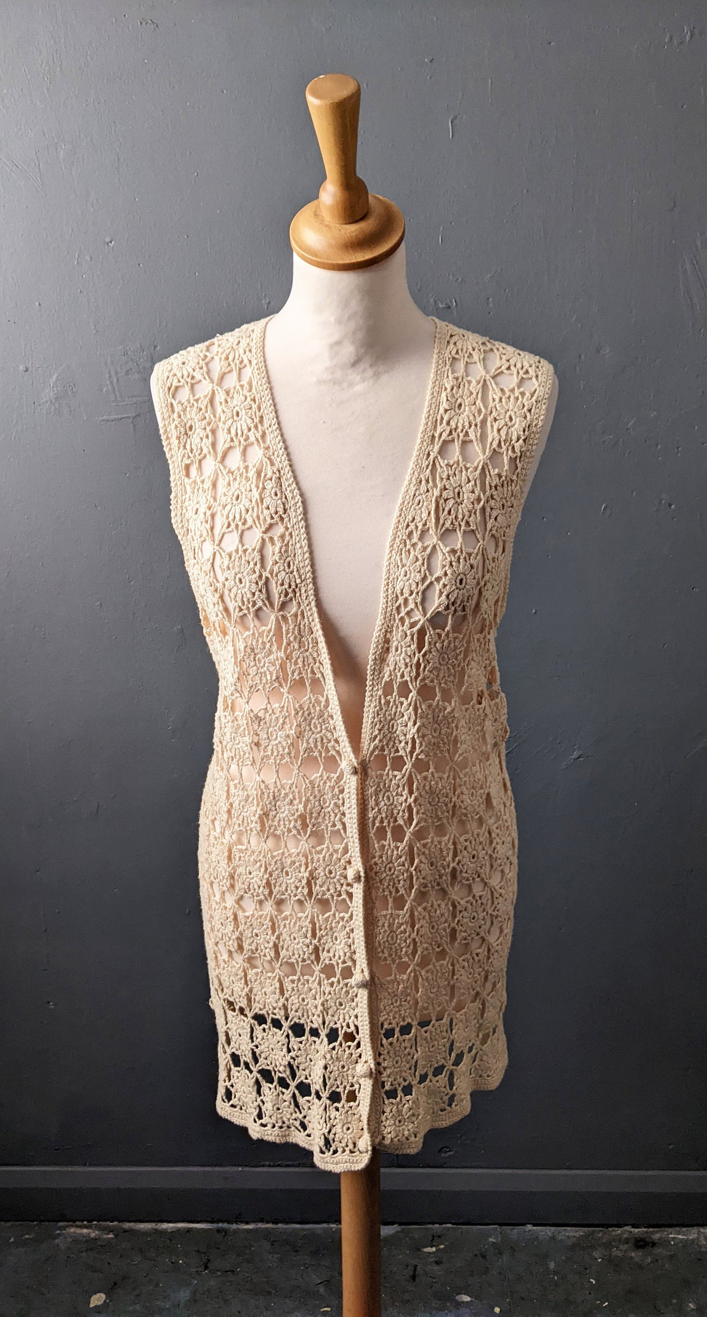 Vintage Crochet Vest, 90s Sleeveless Cardigan, Size Small